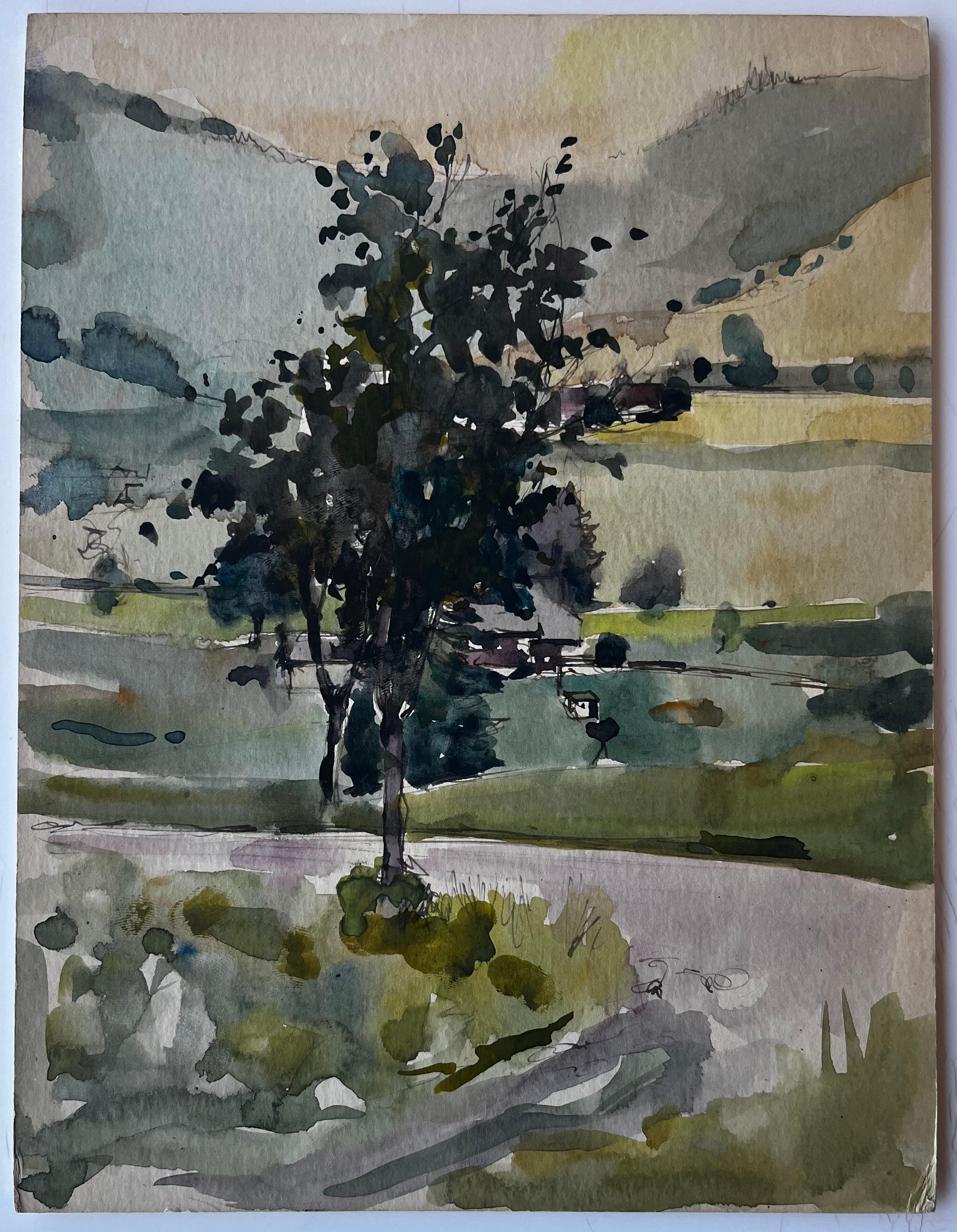 Árbol en valle de montaña Paisaje francés Acuarela de Pierre Neveu en venta 2