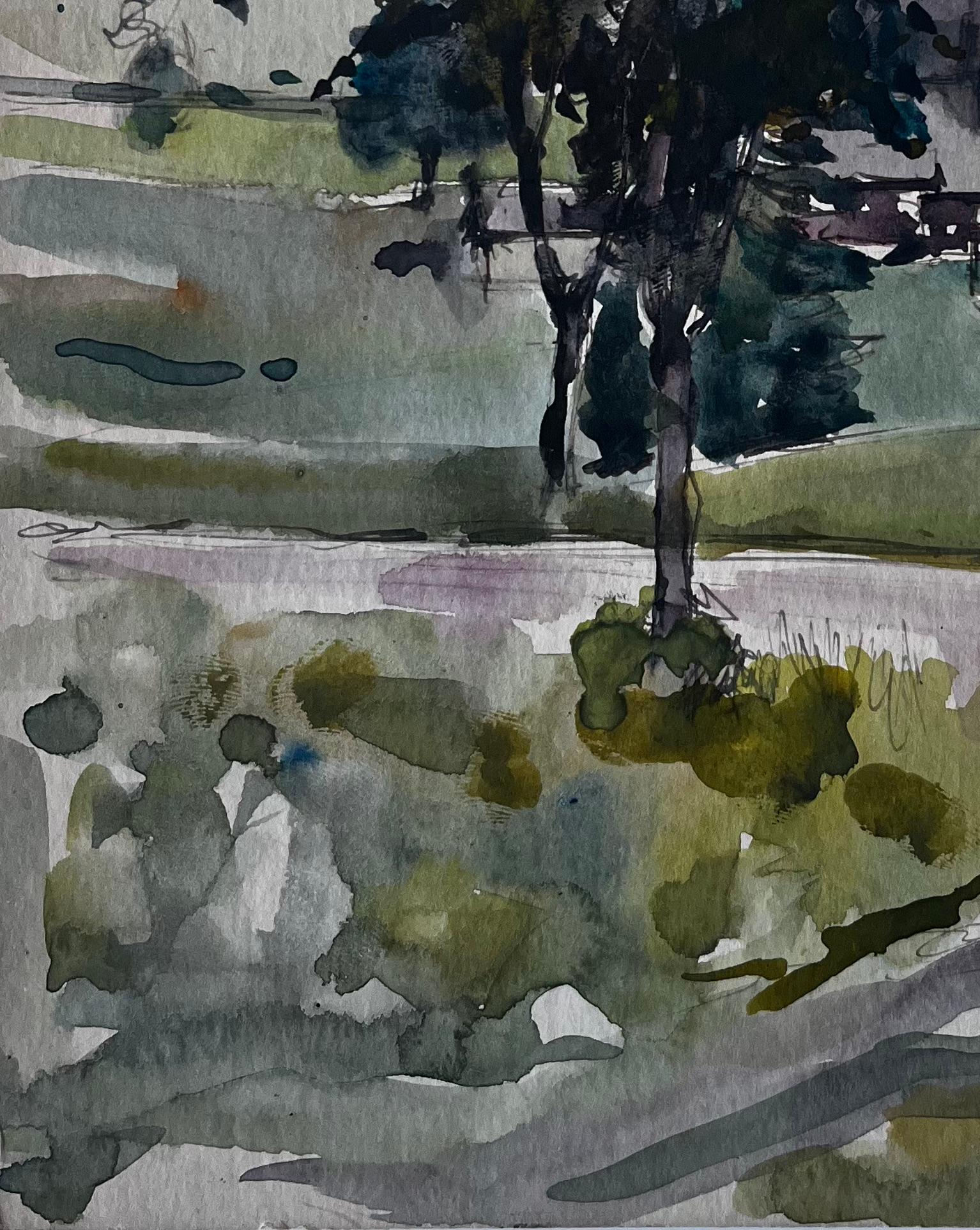 Árbol en valle de montaña Paisaje francés Acuarela de Pierre Neveu en venta 6