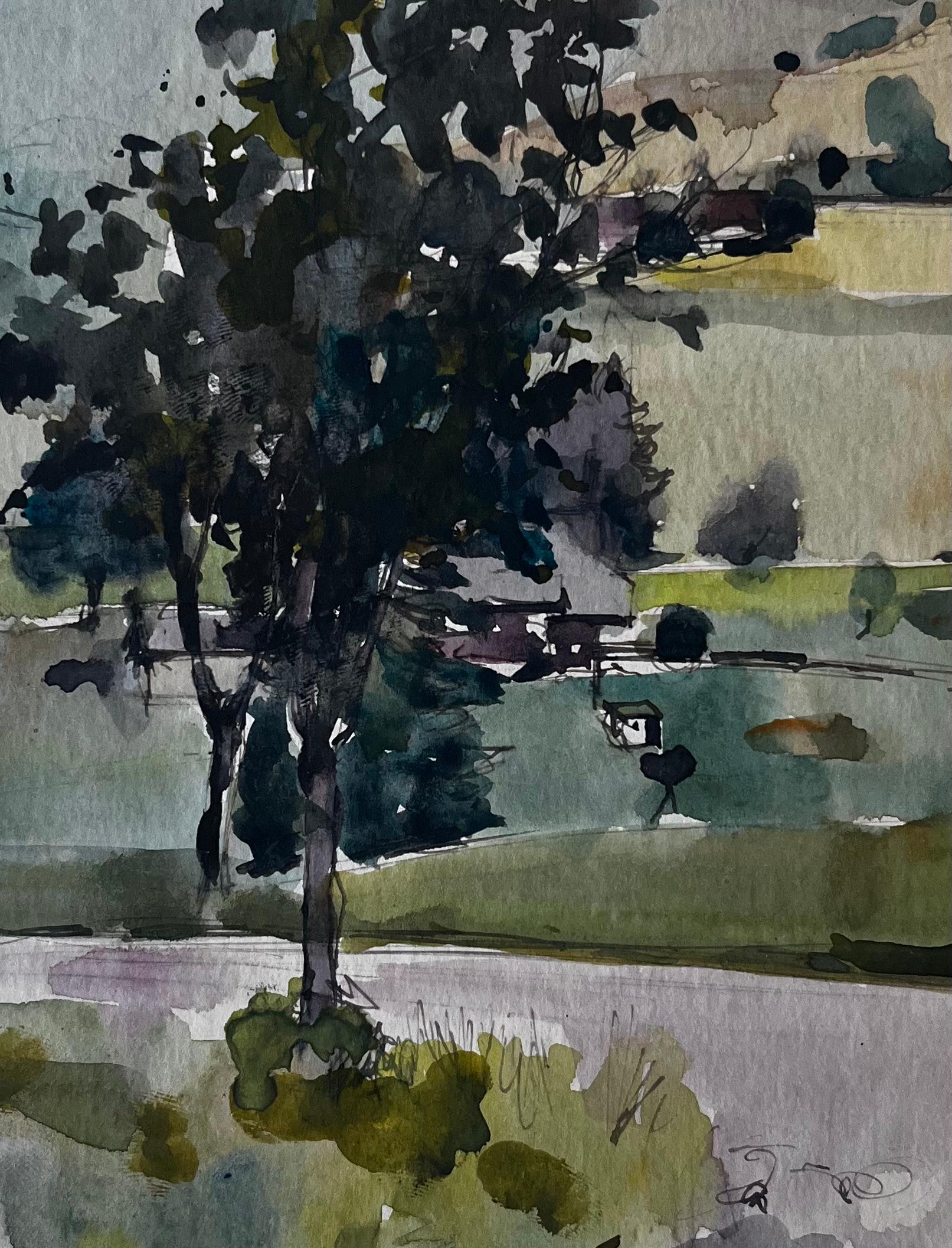 Árbol en valle de montaña Paisaje francés Acuarela de Pierre Neveu en venta 5