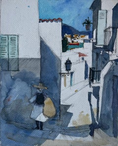Strada illuminata dal sole con figura Acquerello modernista francese di Pierre Neveu