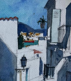 Rue ensoleillée avec personnage Aquarelle moderniste française de Pierre Neveu