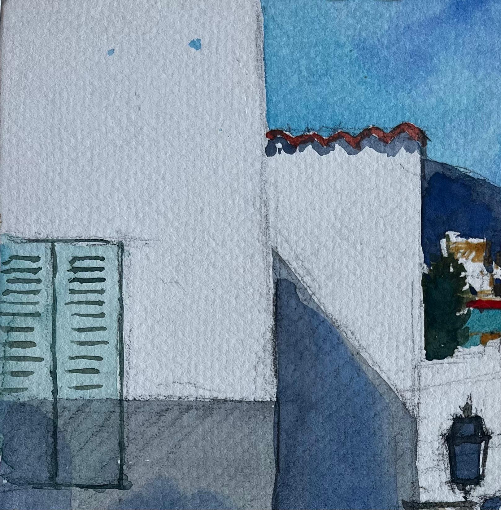 Strada illuminata dal sole con figura Acquerello modernista francese di Pierre Neveu in vendita 2