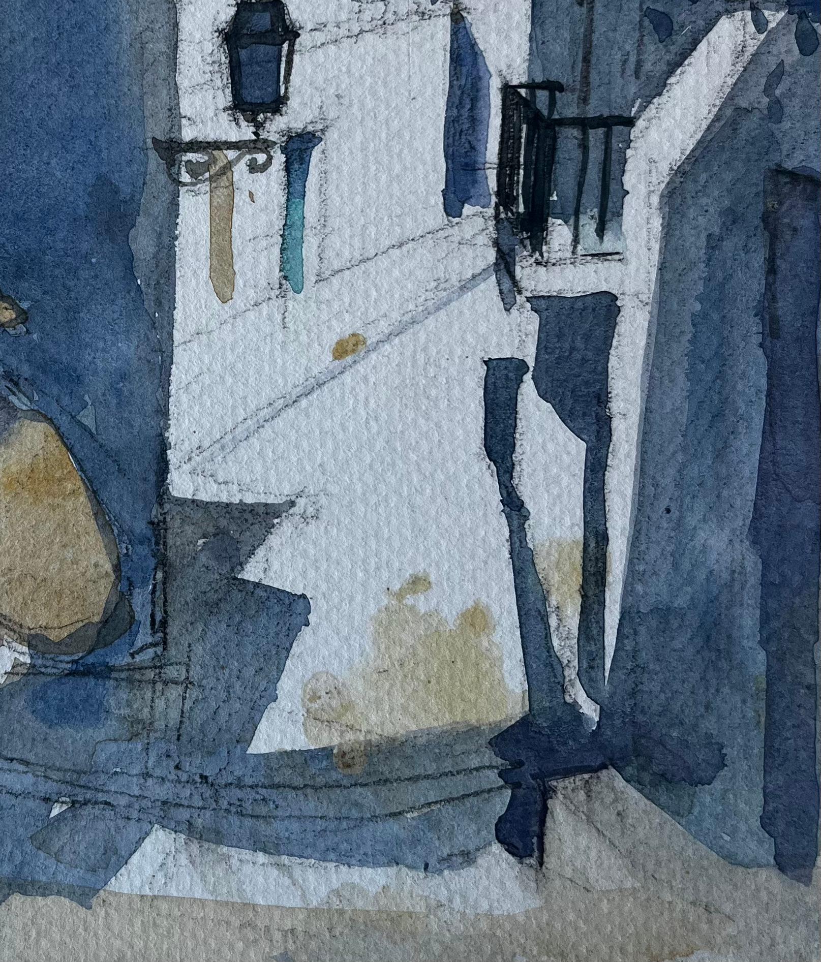 Strada illuminata dal sole con figura Acquerello modernista francese di Pierre Neveu in vendita 4