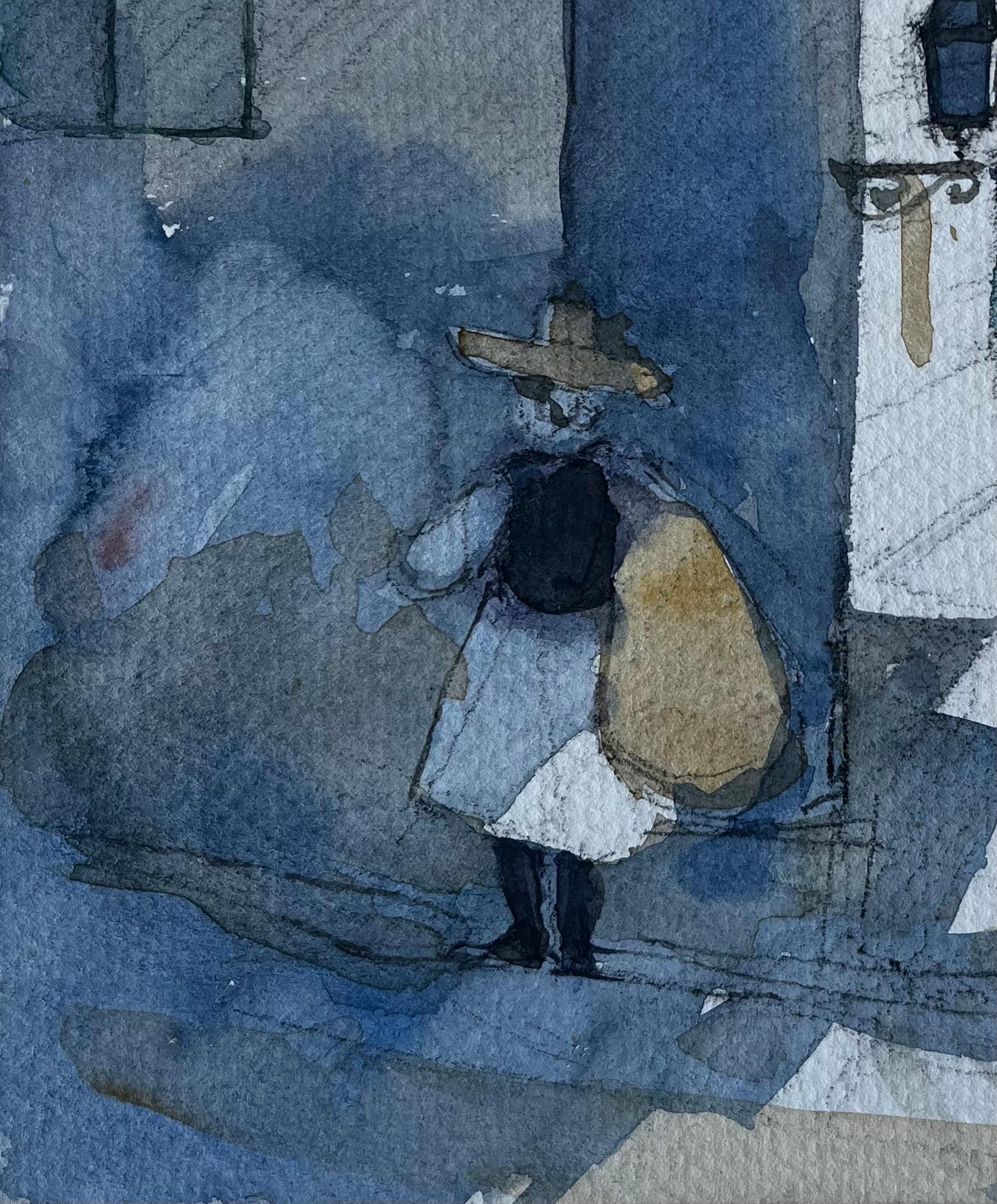 Strada illuminata dal sole con figura Acquerello modernista francese di Pierre Neveu in vendita 5