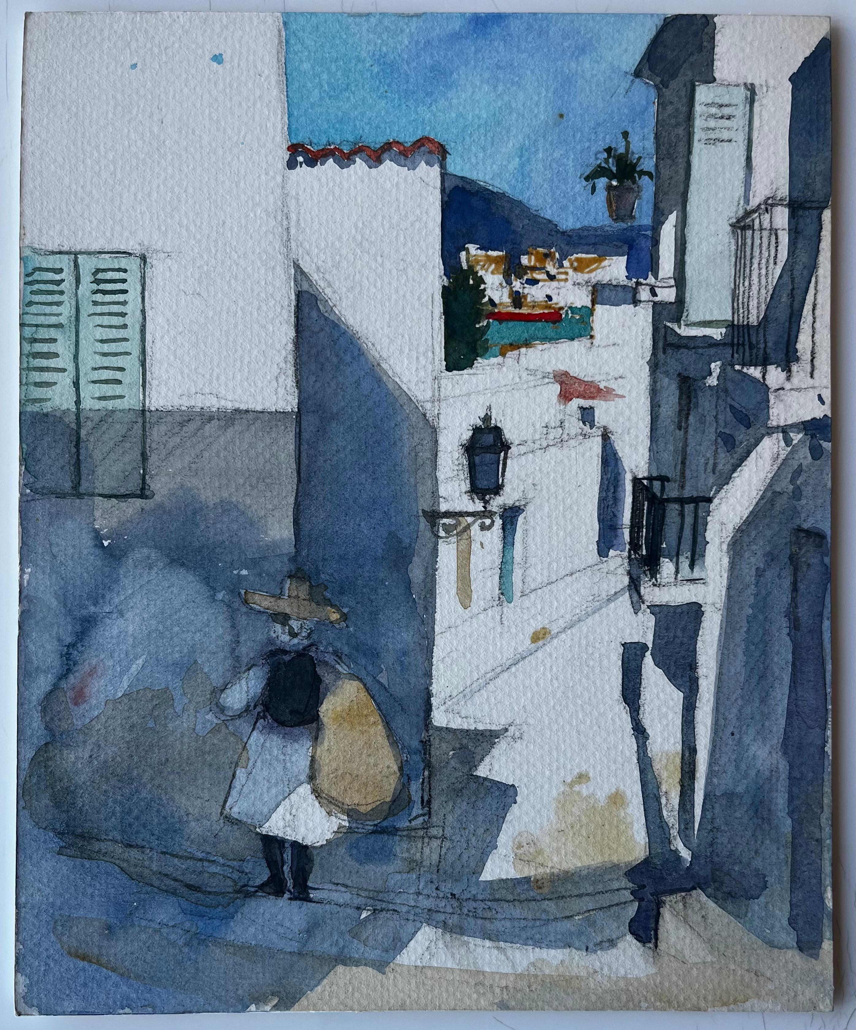 Strada illuminata dal sole con figura Acquerello modernista francese di Pierre Neveu in vendita 3