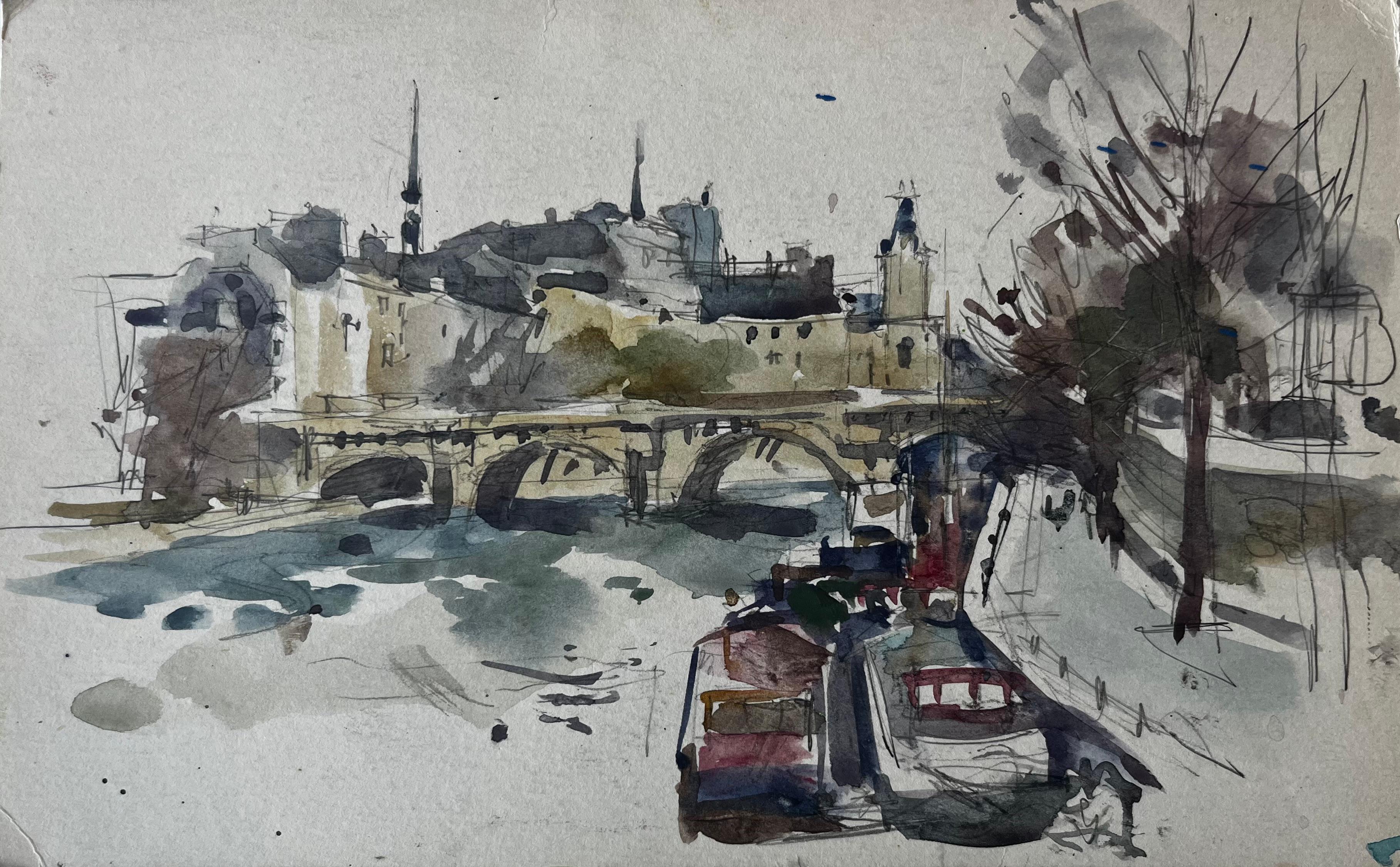 Bridge and Riverside Architecture Scene French Watercolour by Pierre Neveu