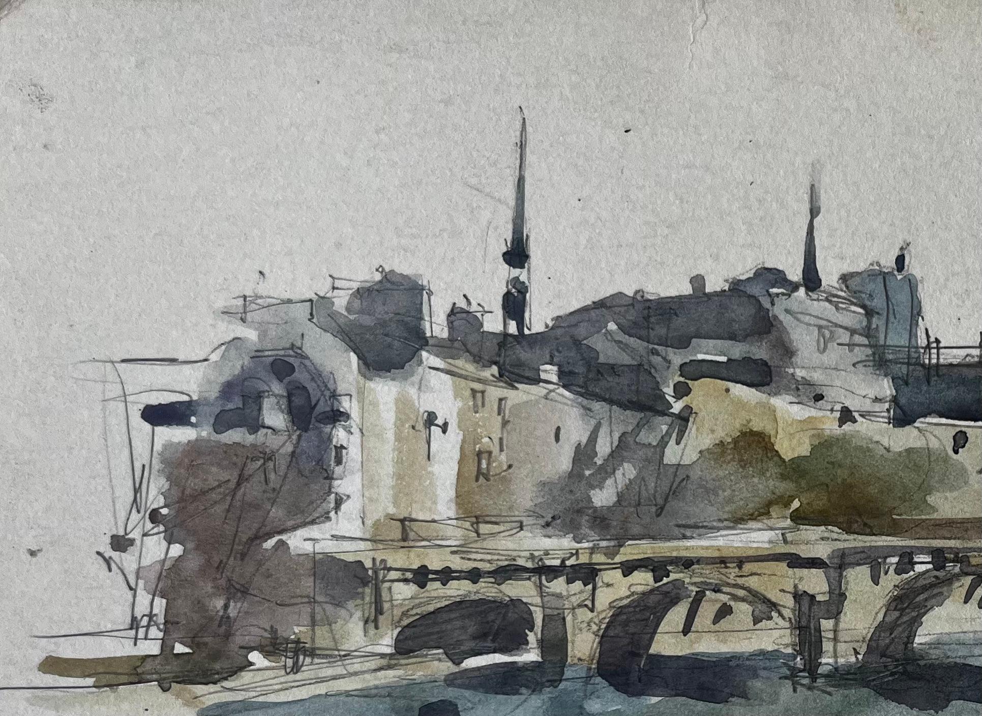 Ponte e scena di architettura fluviale Acquerello francese di Pierre Neveu in vendita 2