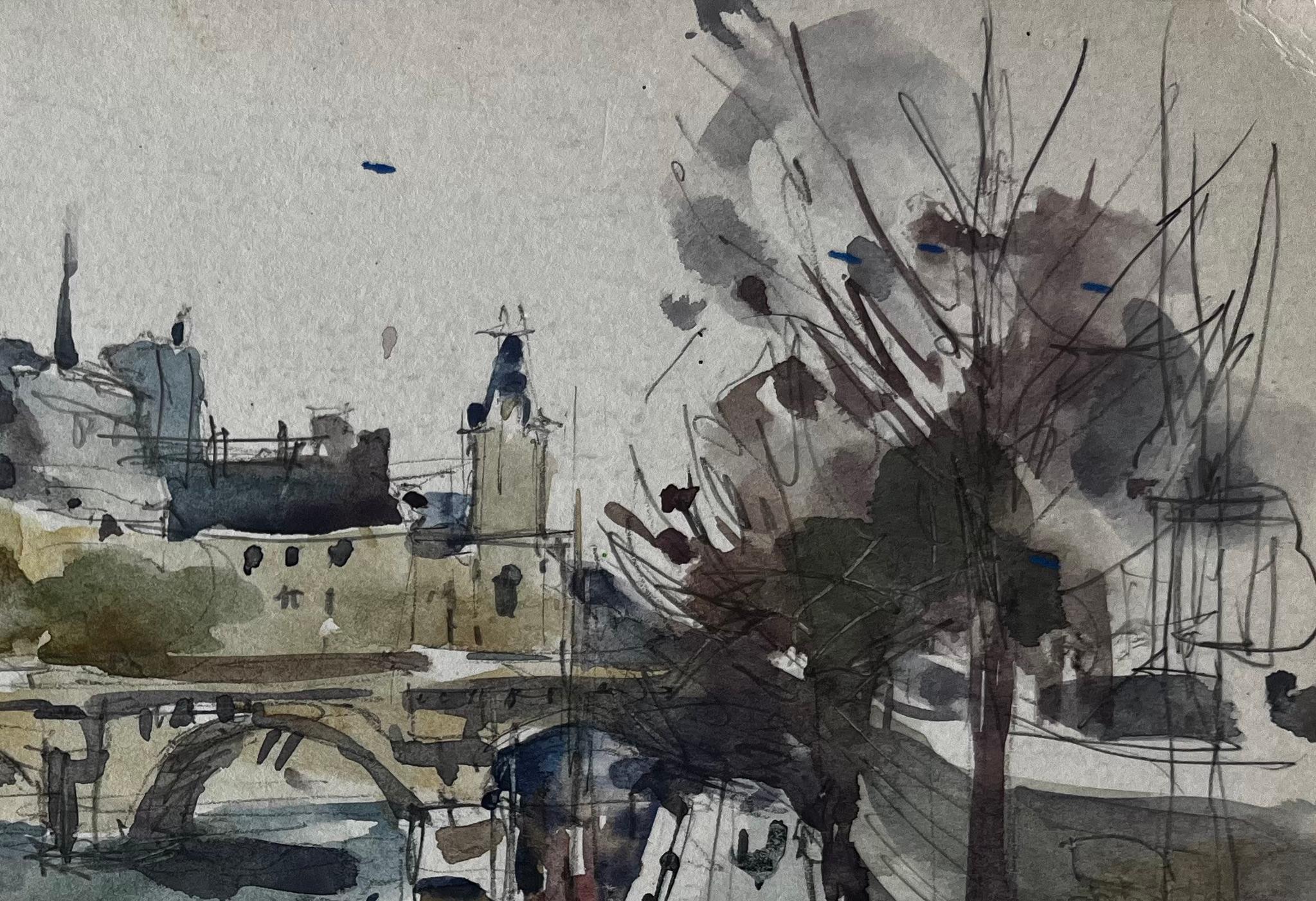 Ponte e scena di architettura fluviale Acquerello francese di Pierre Neveu in vendita 3