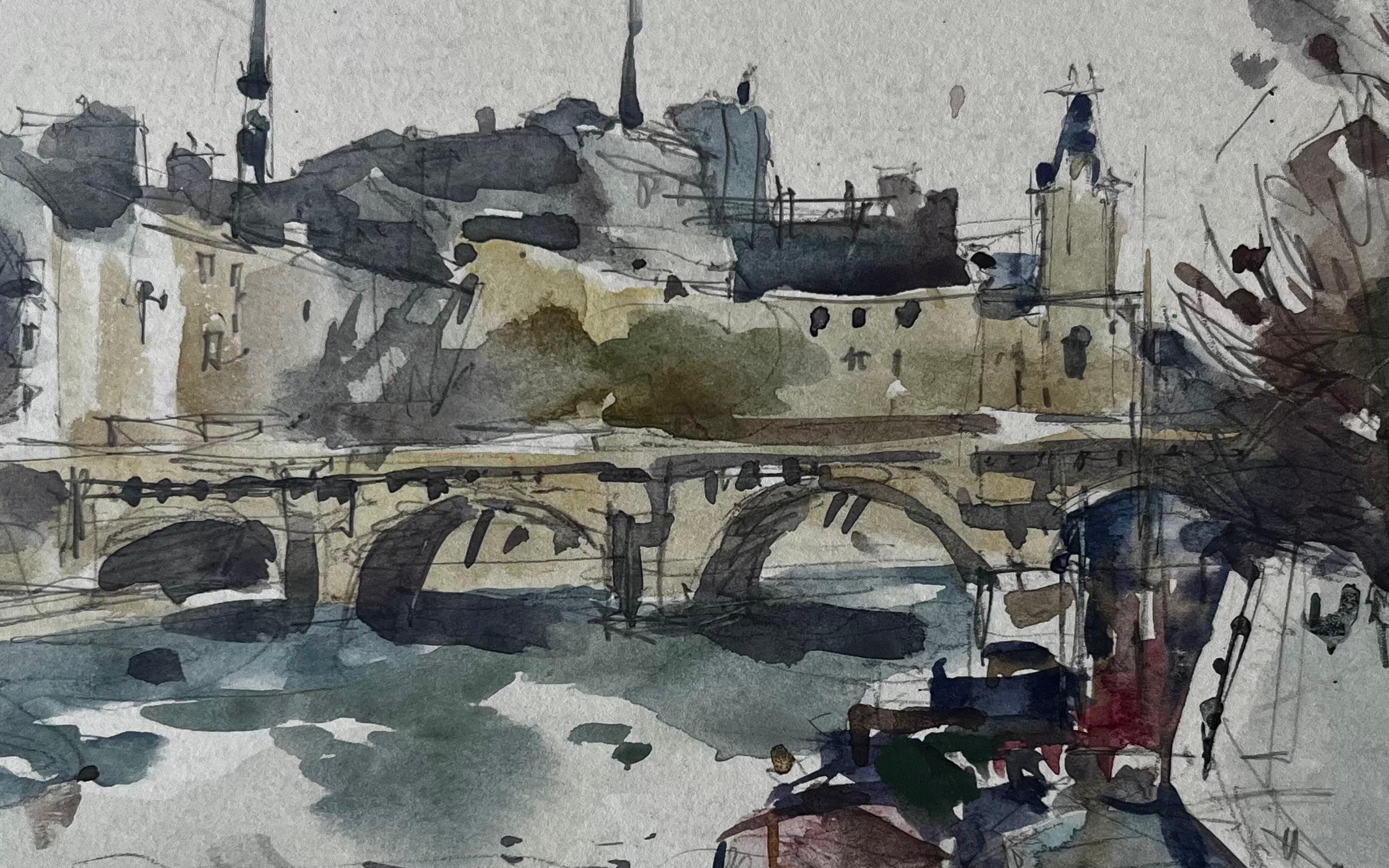 Ponte e scena di architettura fluviale Acquerello francese di Pierre Neveu in vendita 6