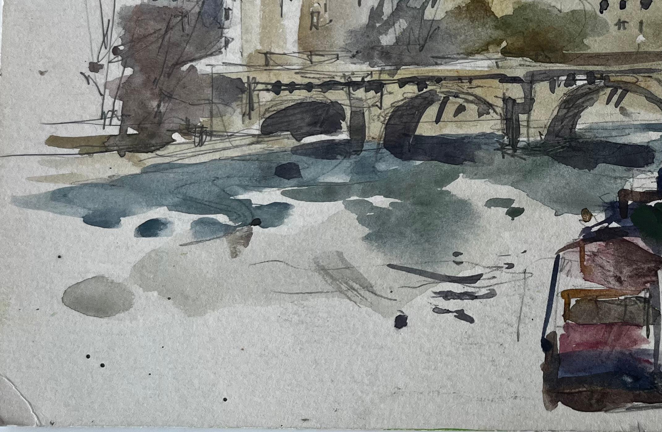 Ponte e scena di architettura fluviale Acquerello francese di Pierre Neveu in vendita 5