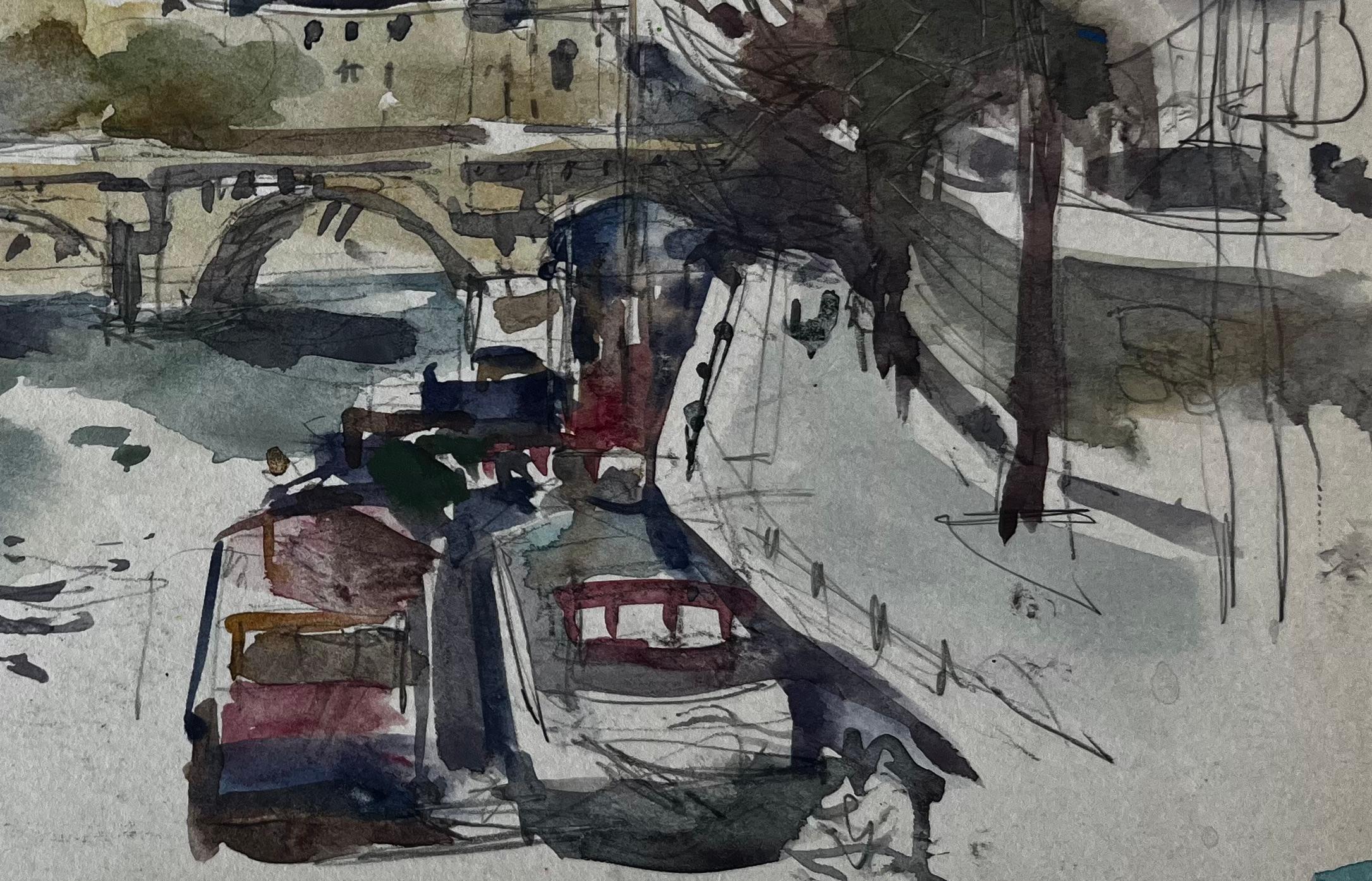 Ponte e scena di architettura fluviale Acquerello francese di Pierre Neveu in vendita 4