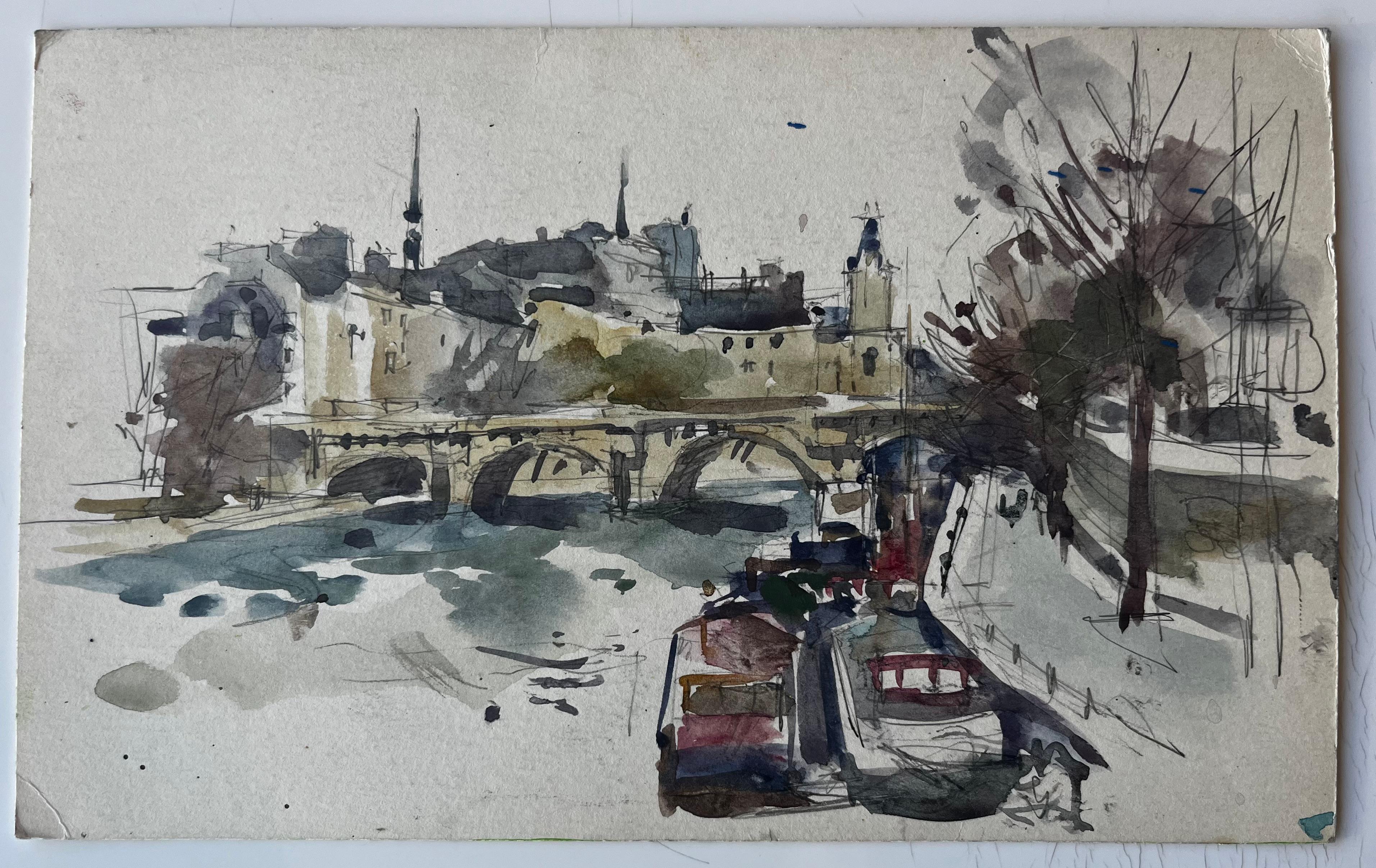 Ponte e scena di architettura fluviale Acquerello francese di Pierre Neveu in vendita 1