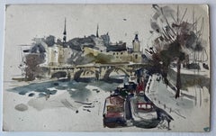 Bridge and Riverside Architecture Scene French Watercolour by Pierre Neveu