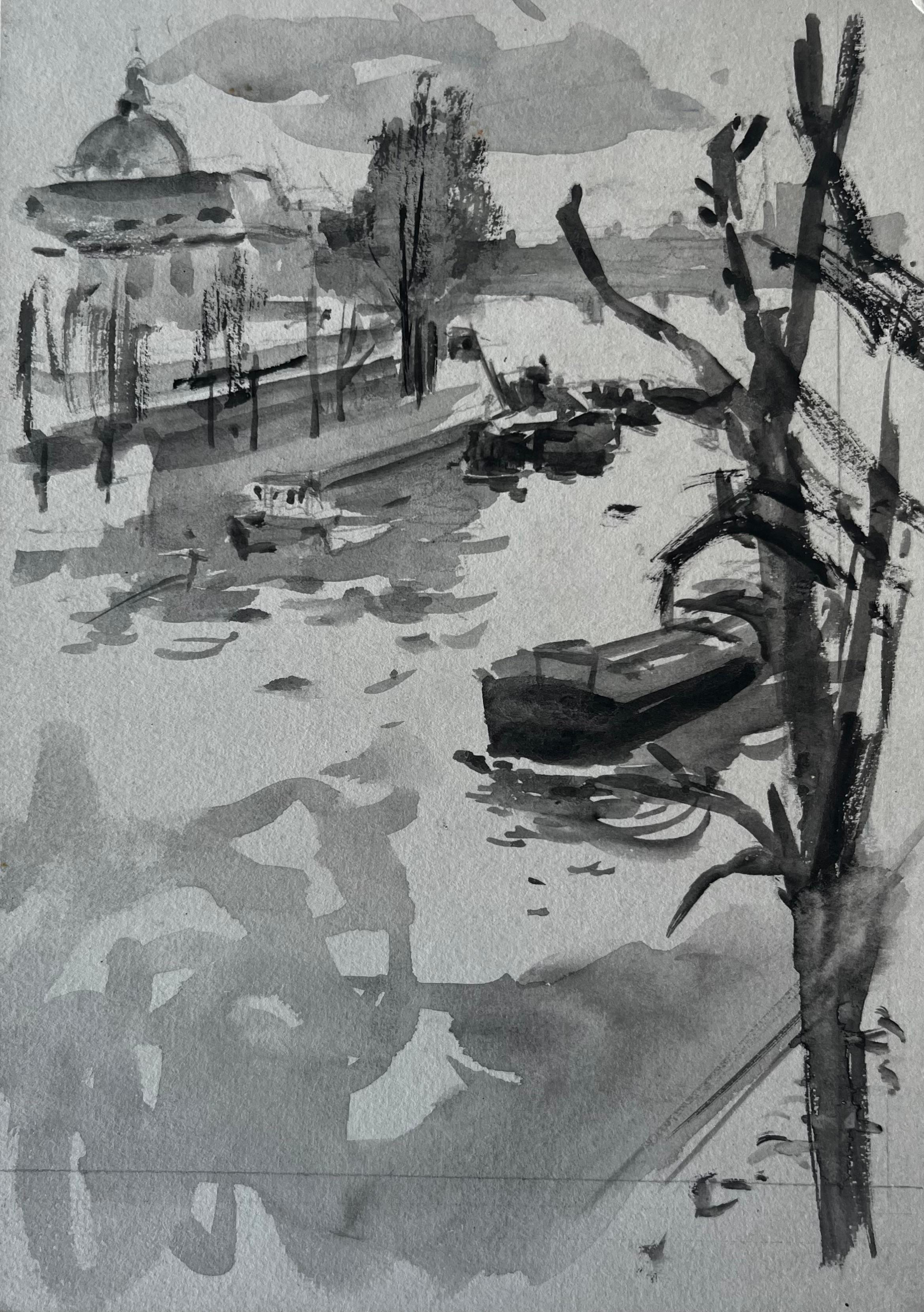 Bateaux riverains et dôme Aquarelle française au lavis d
encre de Pierre Neveu