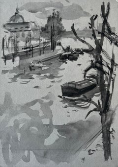 Barche e cupola di Riverside Acquerello con lavaggio a inchiostro francese di Pierre Neveu