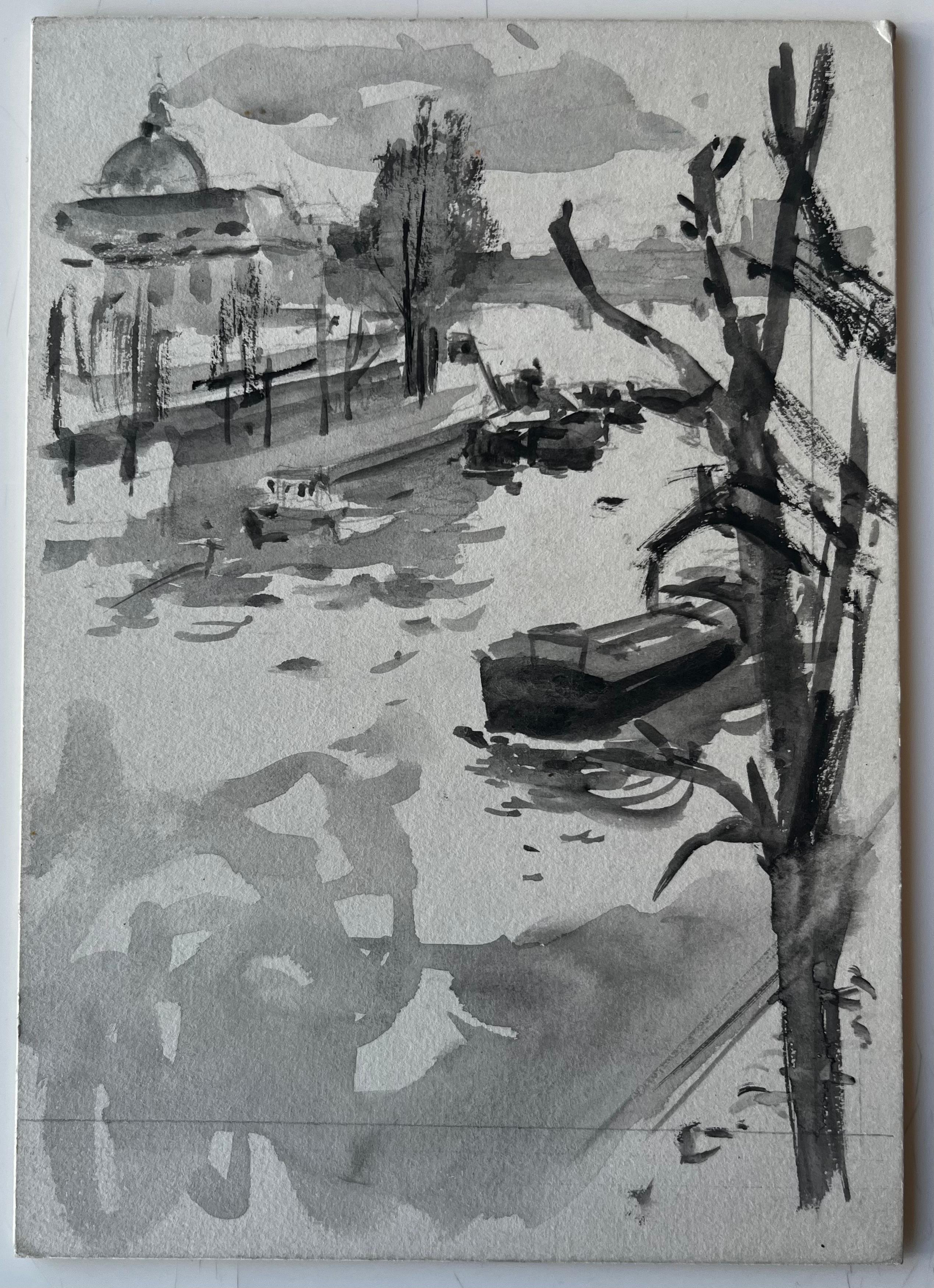 Barche e cupola di Riverside Acquerello con lavaggio a inchiostro francese di Pierre Neveu in vendita 1