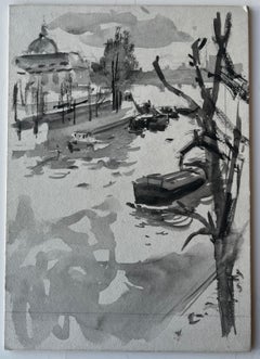Riverside Boats and Dome French Ink Wash Watercolour by Pierre Neveu