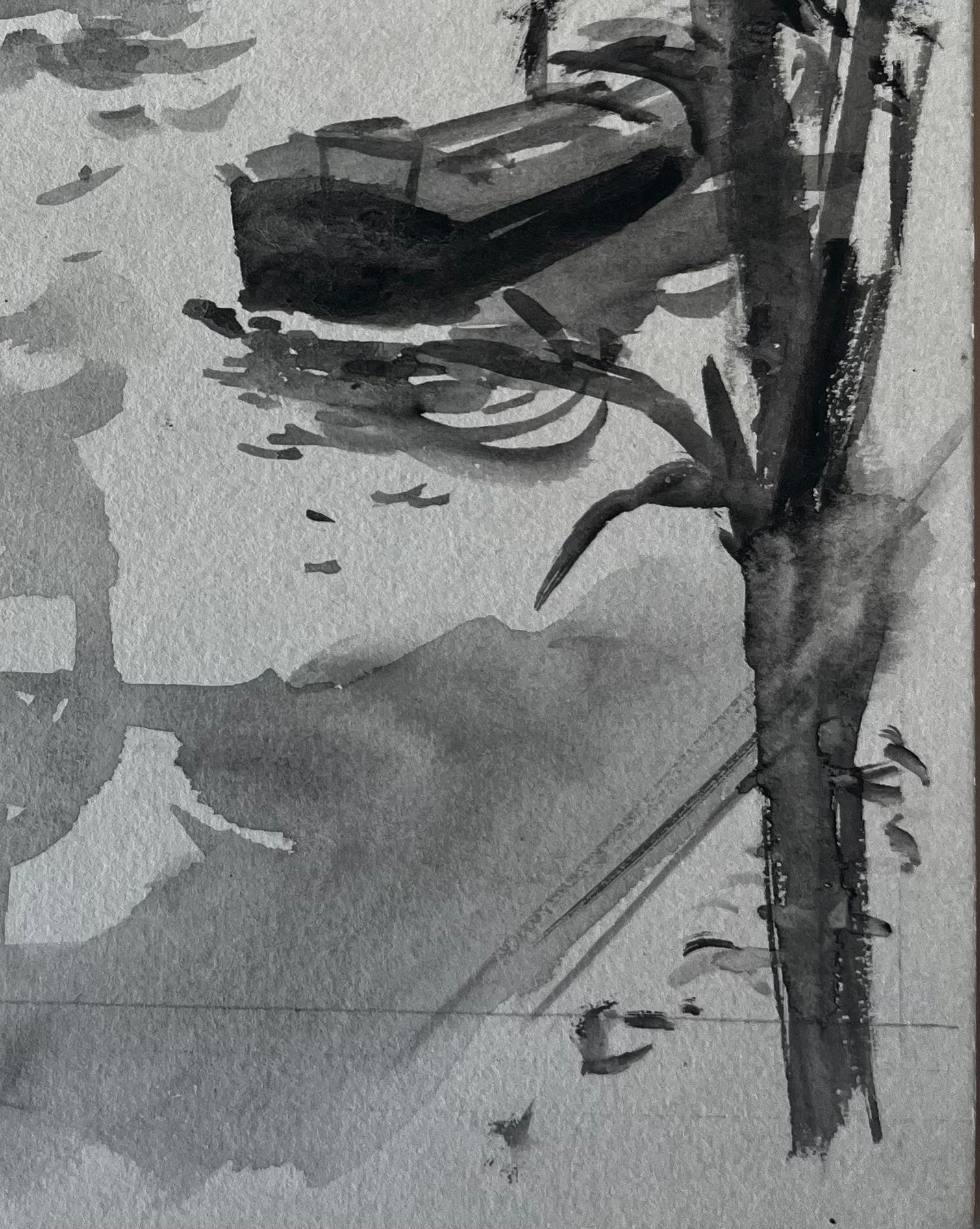 Barche e cupola di Riverside Acquerello con lavaggio a inchiostro francese di Pierre Neveu in vendita 4