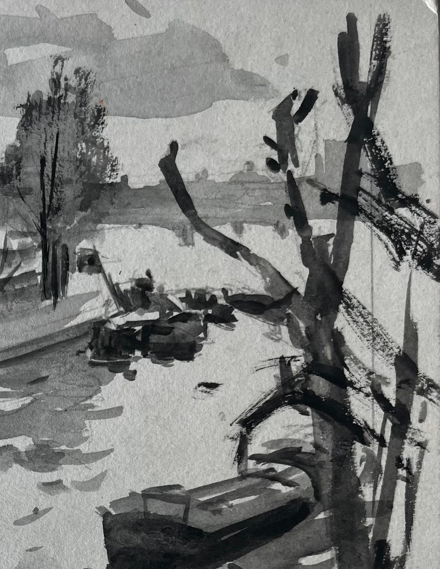 Barche e cupola di Riverside Acquerello con lavaggio a inchiostro francese di Pierre Neveu in vendita 3