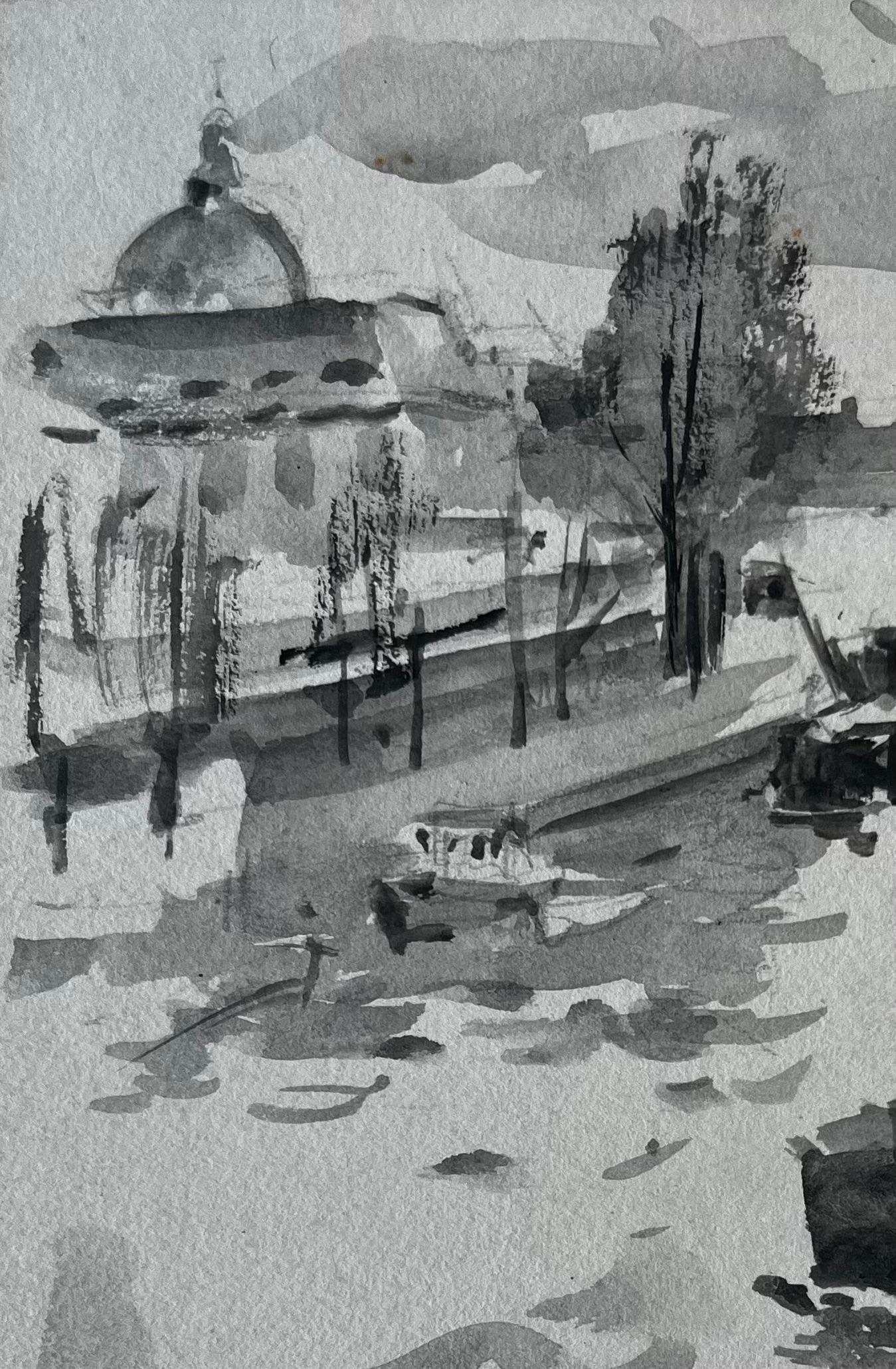 Barche e cupola di Riverside Acquerello con lavaggio a inchiostro francese di Pierre Neveu in vendita 2