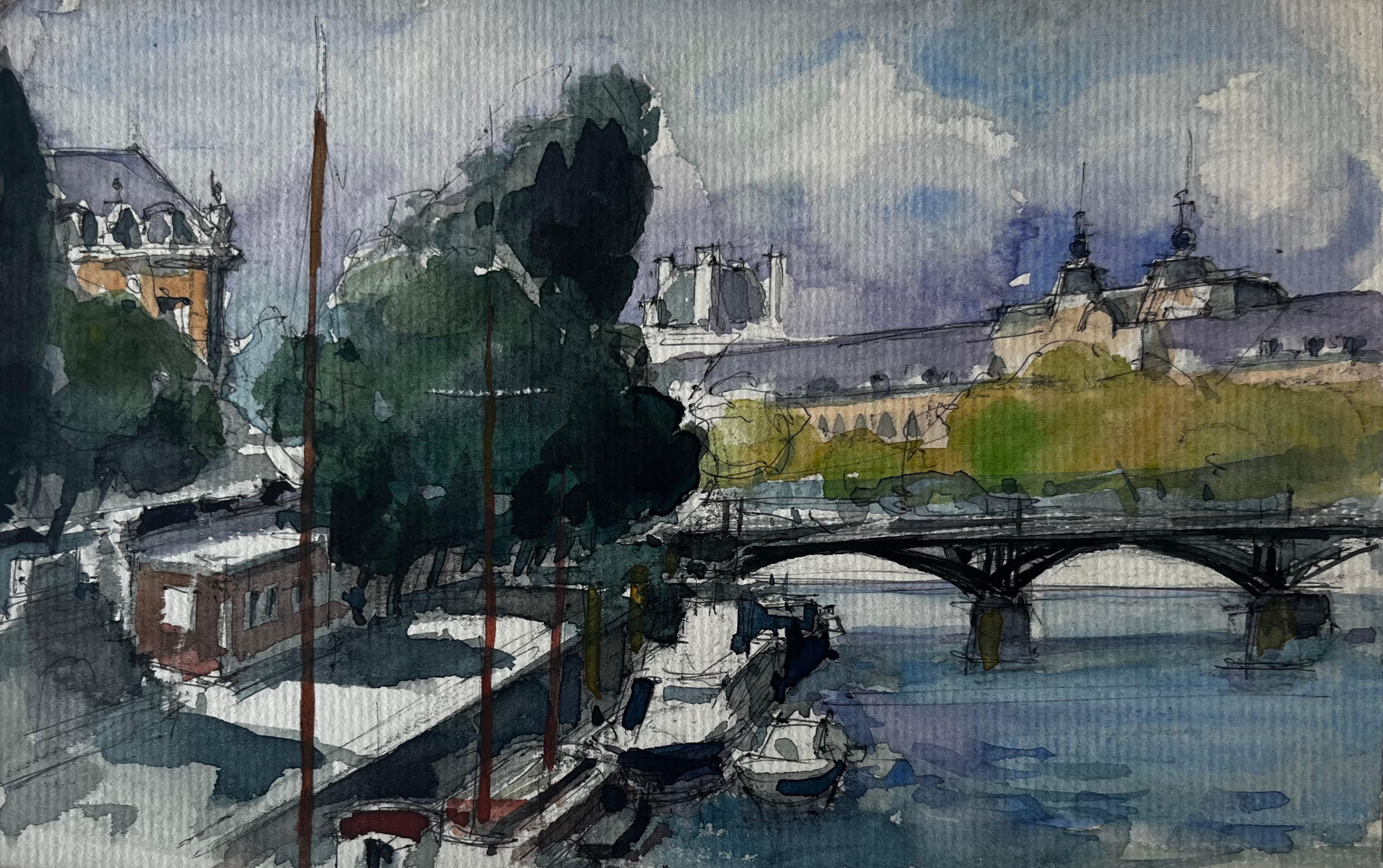 Paris River Seine Bridge and Boats French Watercolour Cityscape by Pierre Neveu