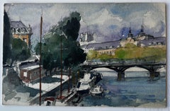 Paris Fluss Seine Brücke und Boote Französisch Aquarell Stadtbild von Pierre Neveu