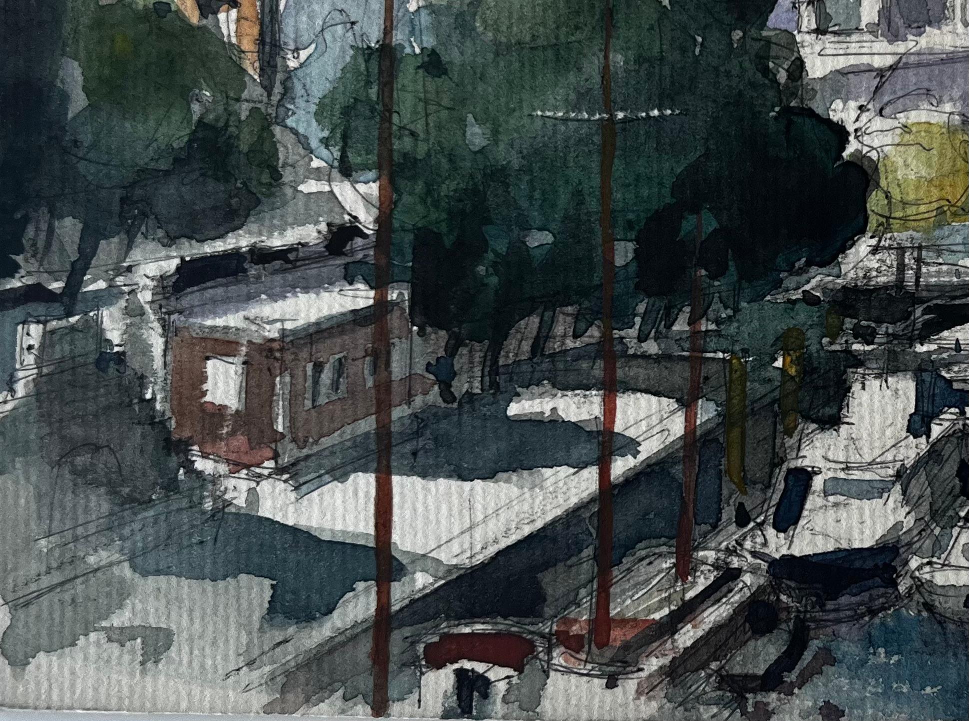 París Río Sena Puente y Barcos Acuarela francesa Paisaje urbano de Pierre Neveu en venta 5