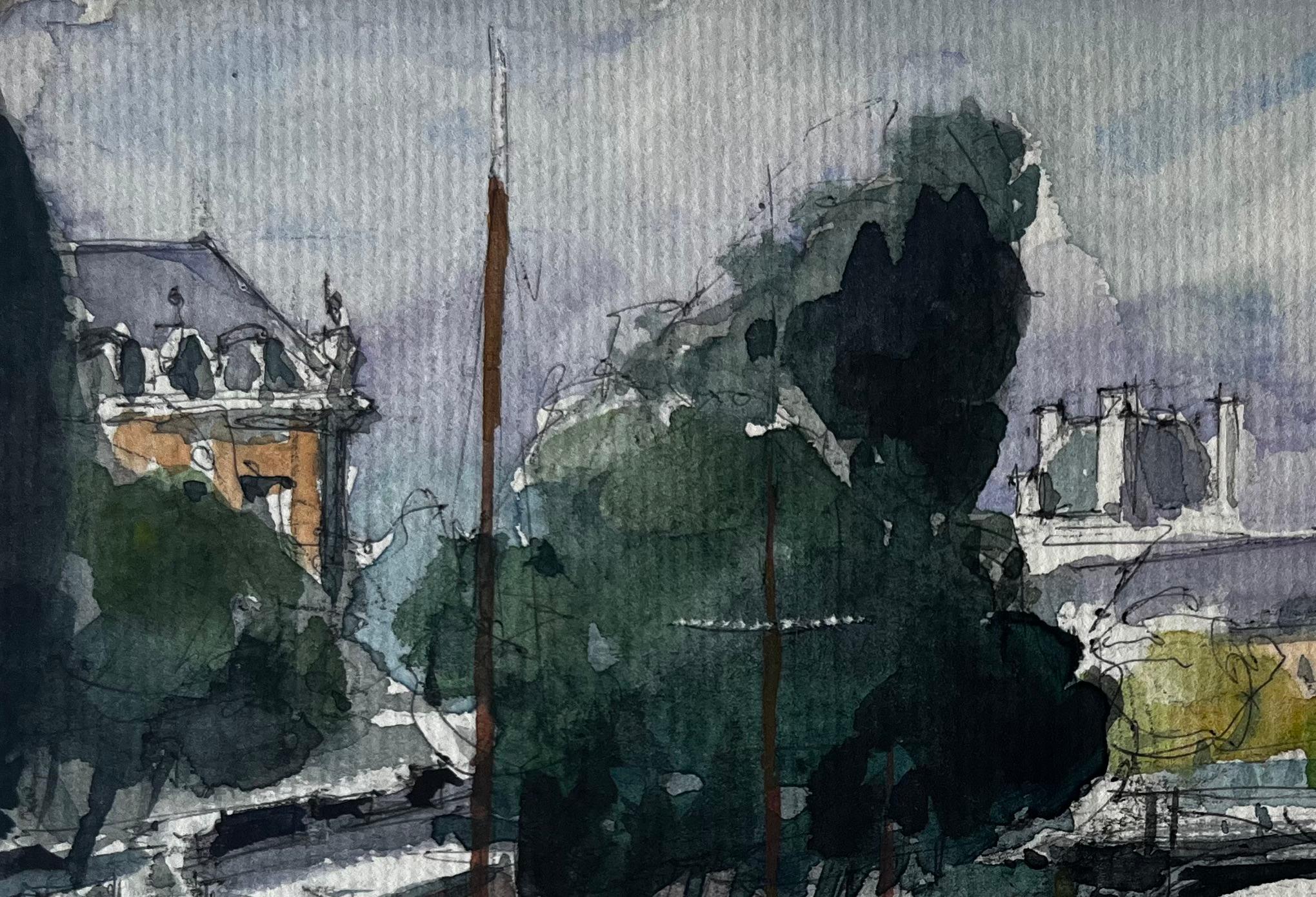 París Río Sena Puente y Barcos Acuarela francesa Paisaje urbano de Pierre Neveu en venta 3