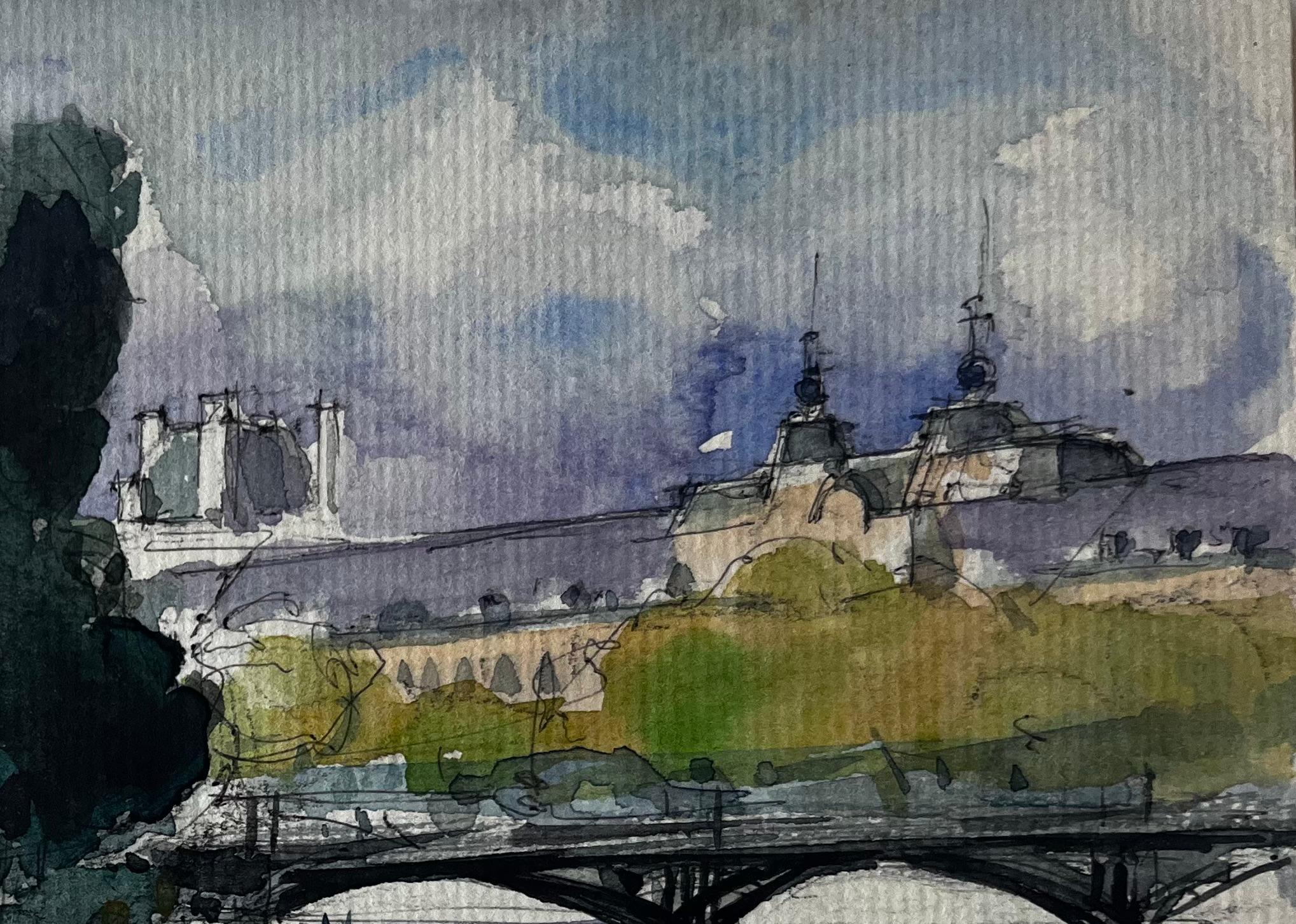 París Río Sena Puente y Barcos Acuarela francesa Paisaje urbano de Pierre Neveu en venta 2