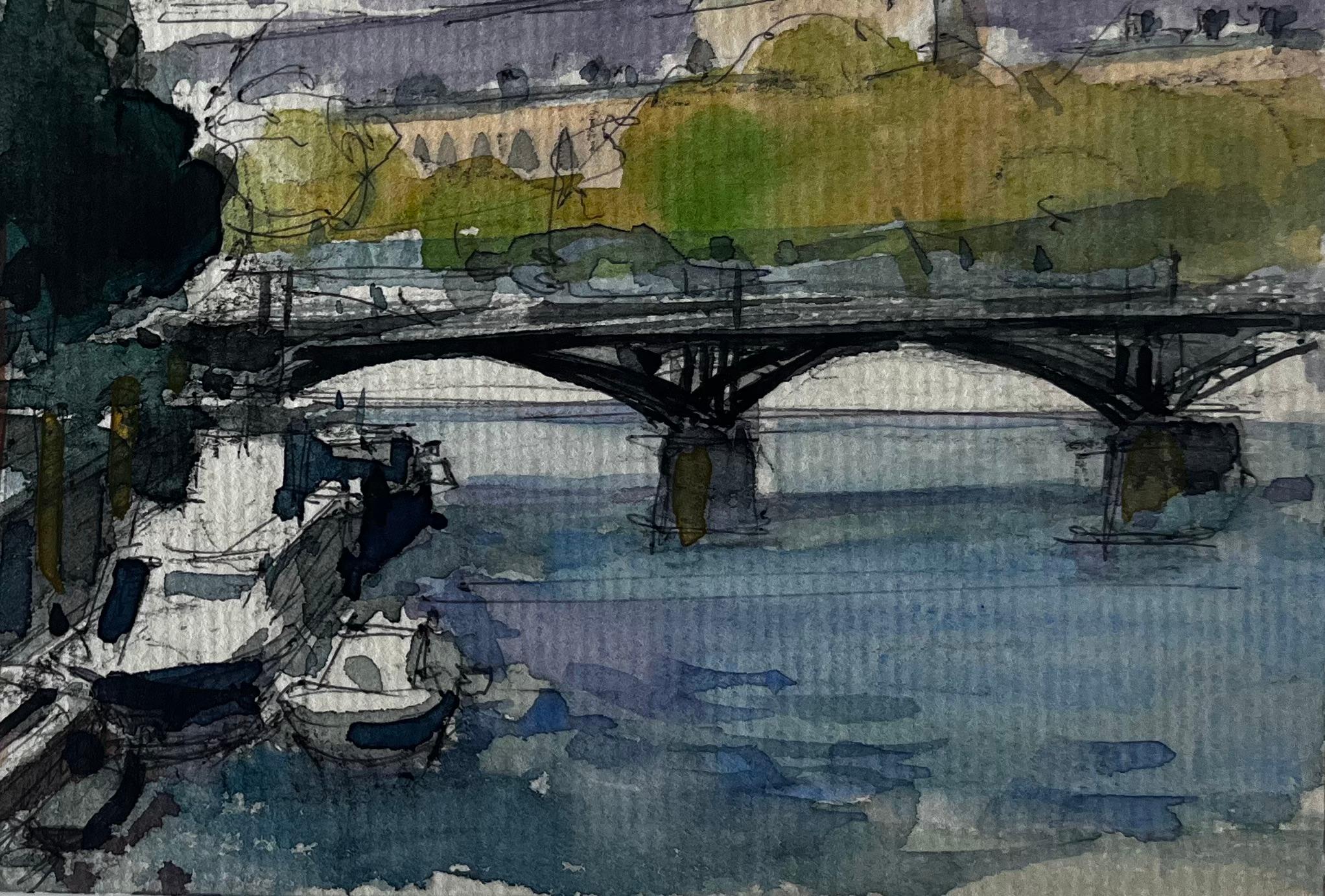 París Río Sena Puente y Barcos Acuarela francesa Paisaje urbano de Pierre Neveu en venta 4