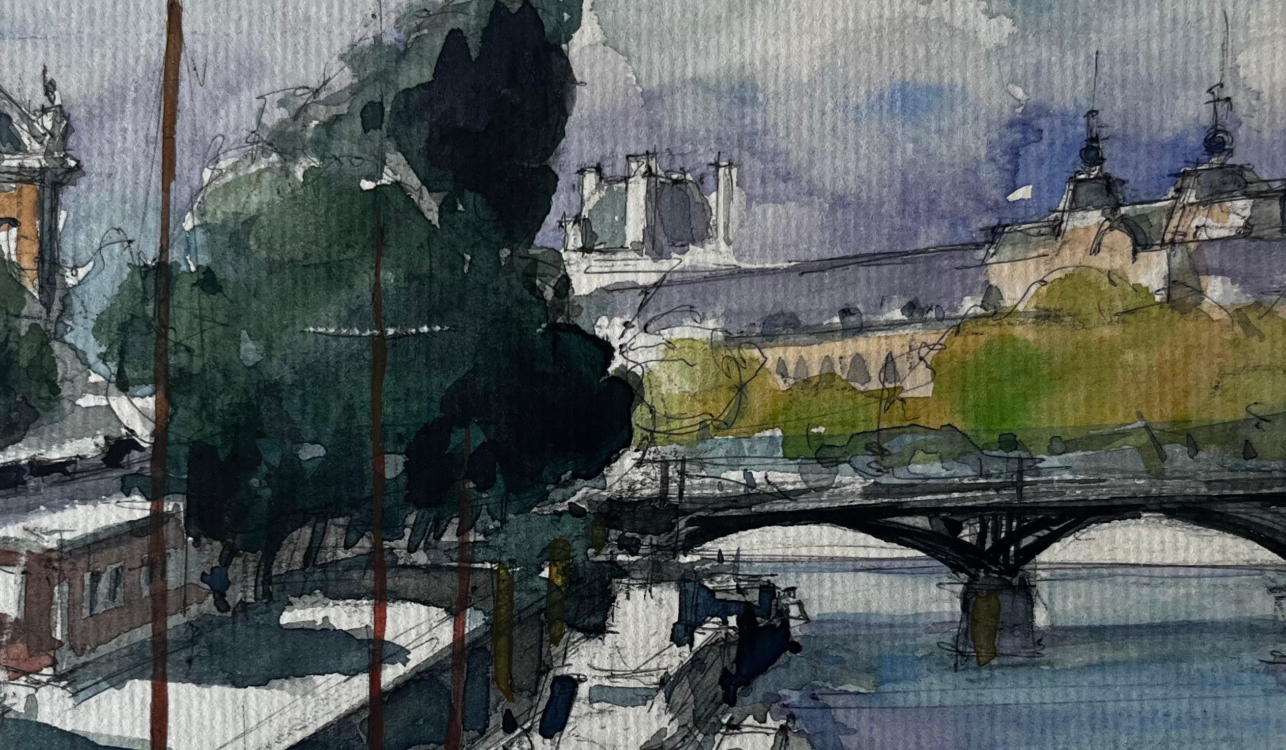 París Río Sena Puente y Barcos Acuarela francesa Paisaje urbano de Pierre Neveu en venta 6