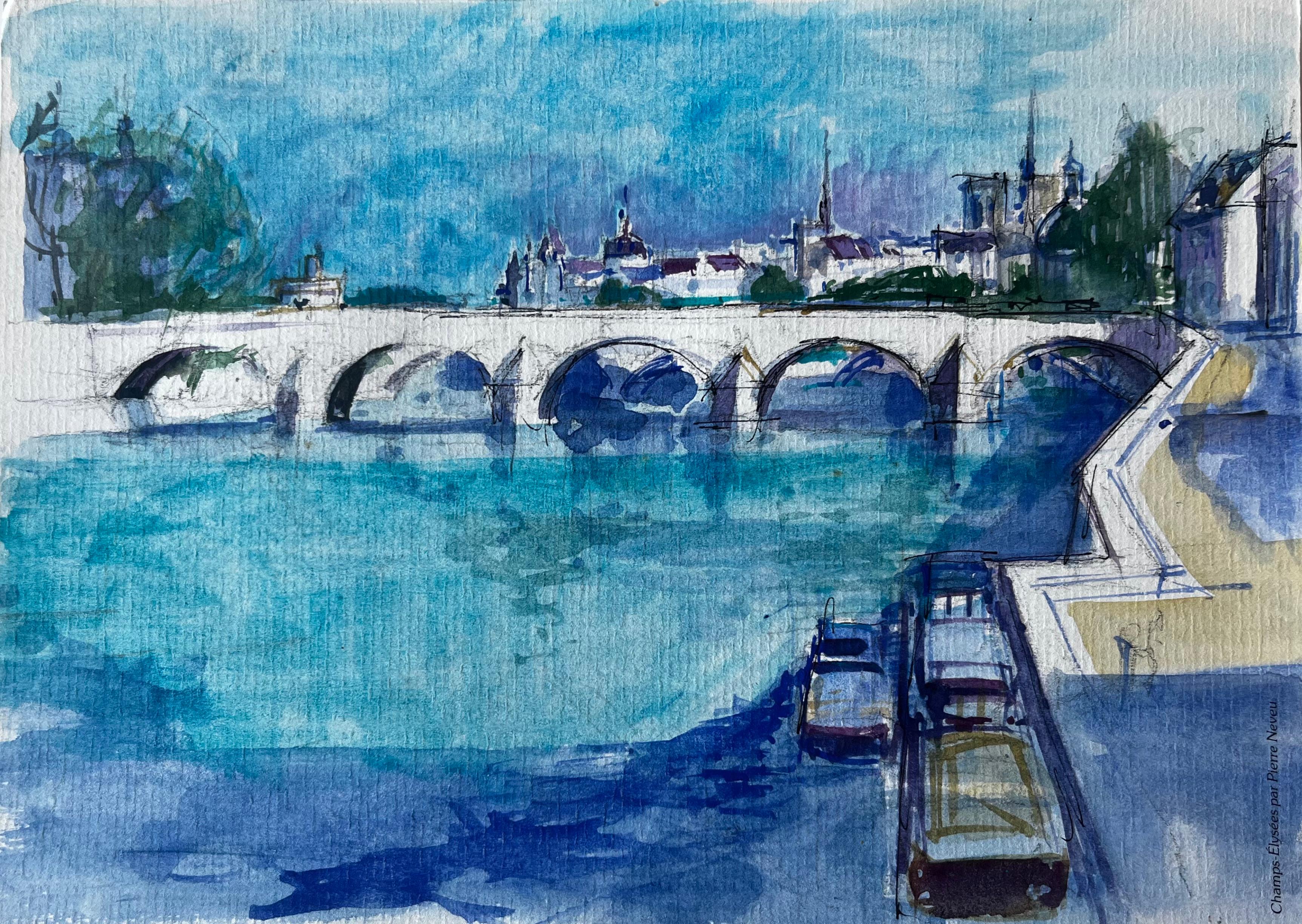 Pont Neuf Paris River Seine Bridge French Watercolour Cityscape by Pierre Neveu
