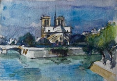 Cattedrale di Notre Dame Parigi Fiume Senna Acquerello francese Paesaggio urbano