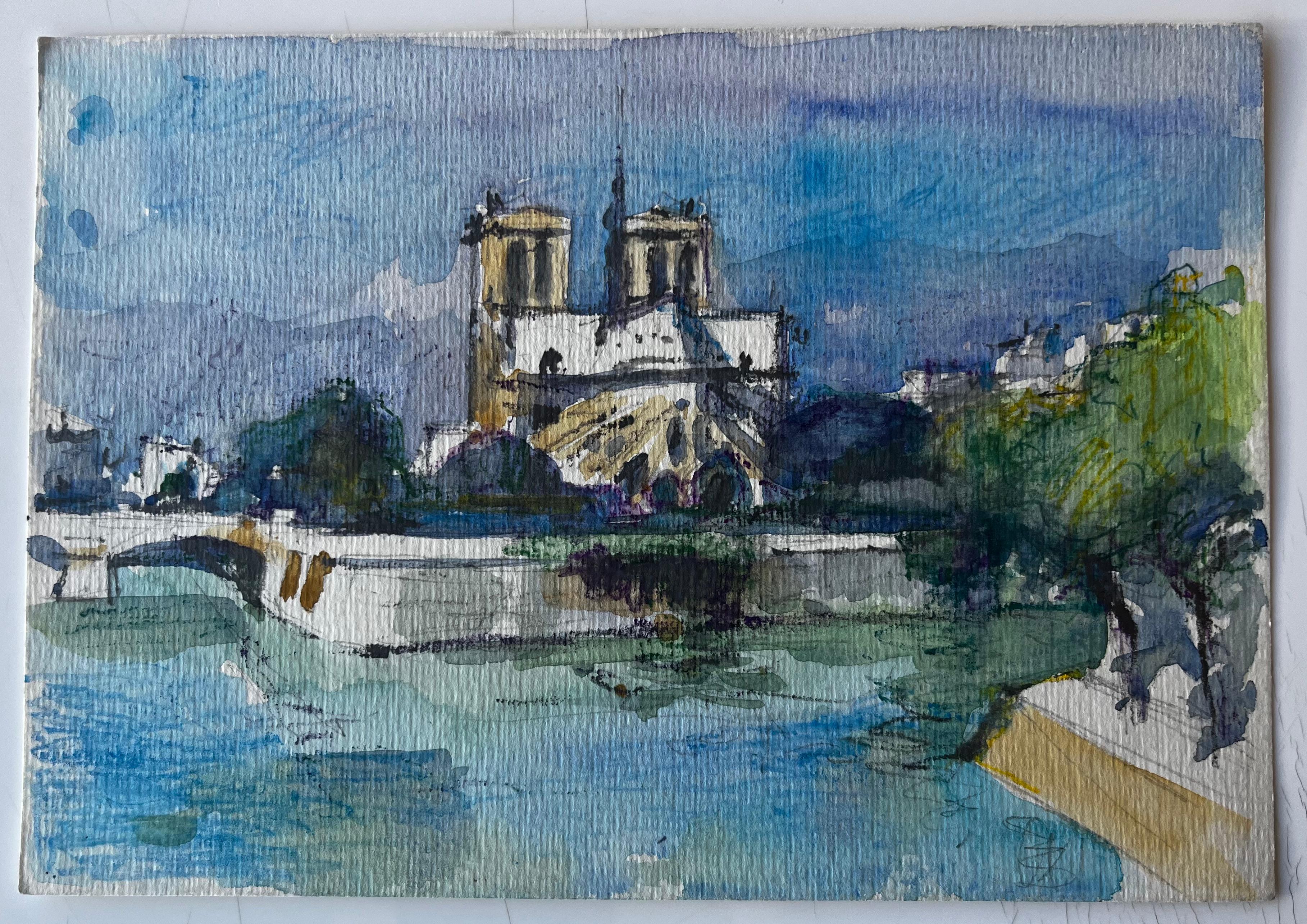 Cattedrale di Notre Dame Parigi Fiume Senna Acquerello francese Paesaggio urbano - Painting di Pierre Neveu