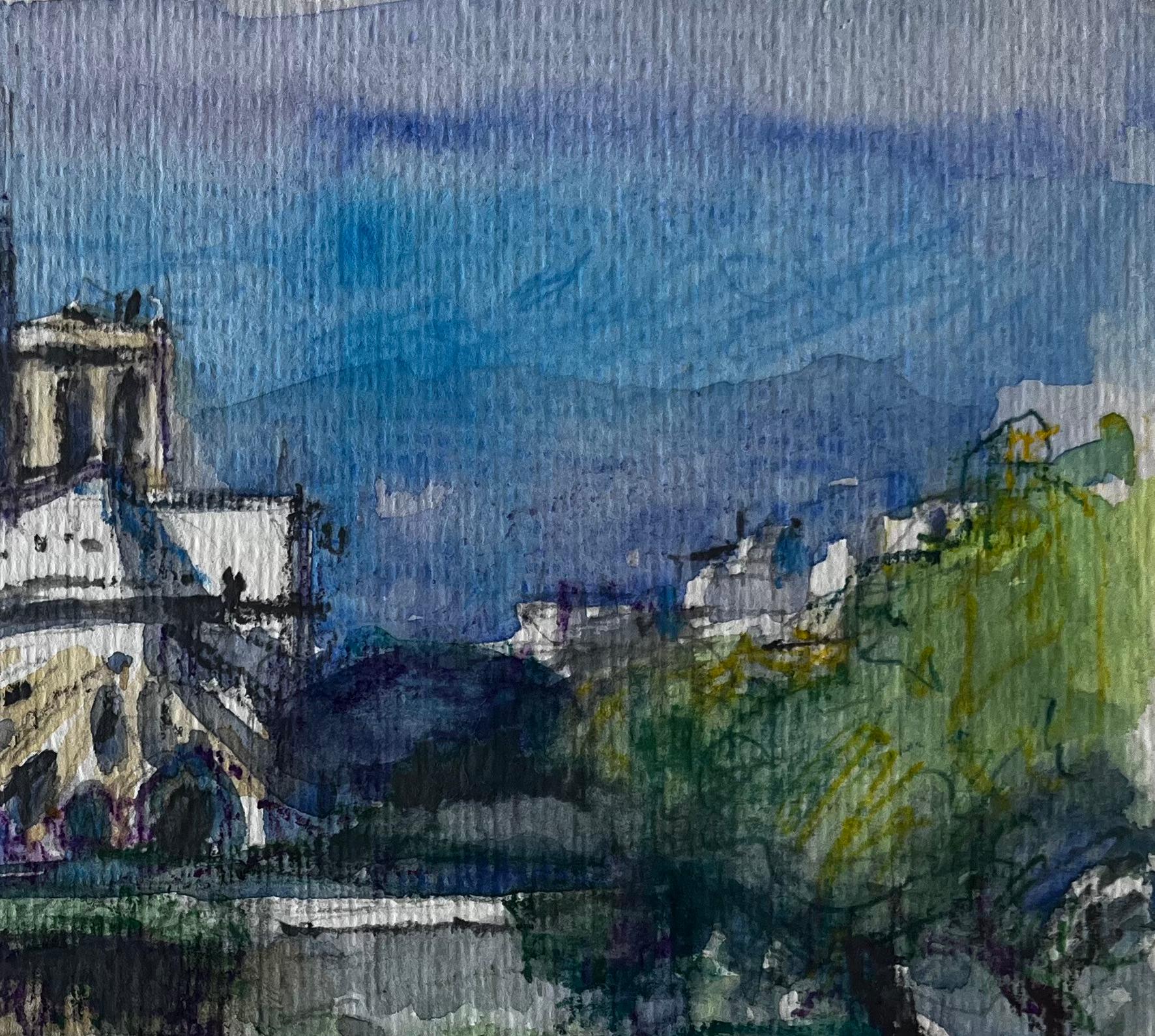 Cattedrale di Notre Dame Parigi Fiume Senna Acquerello francese Paesaggio urbano - Painting Postimpressionismo di Pierre Neveu