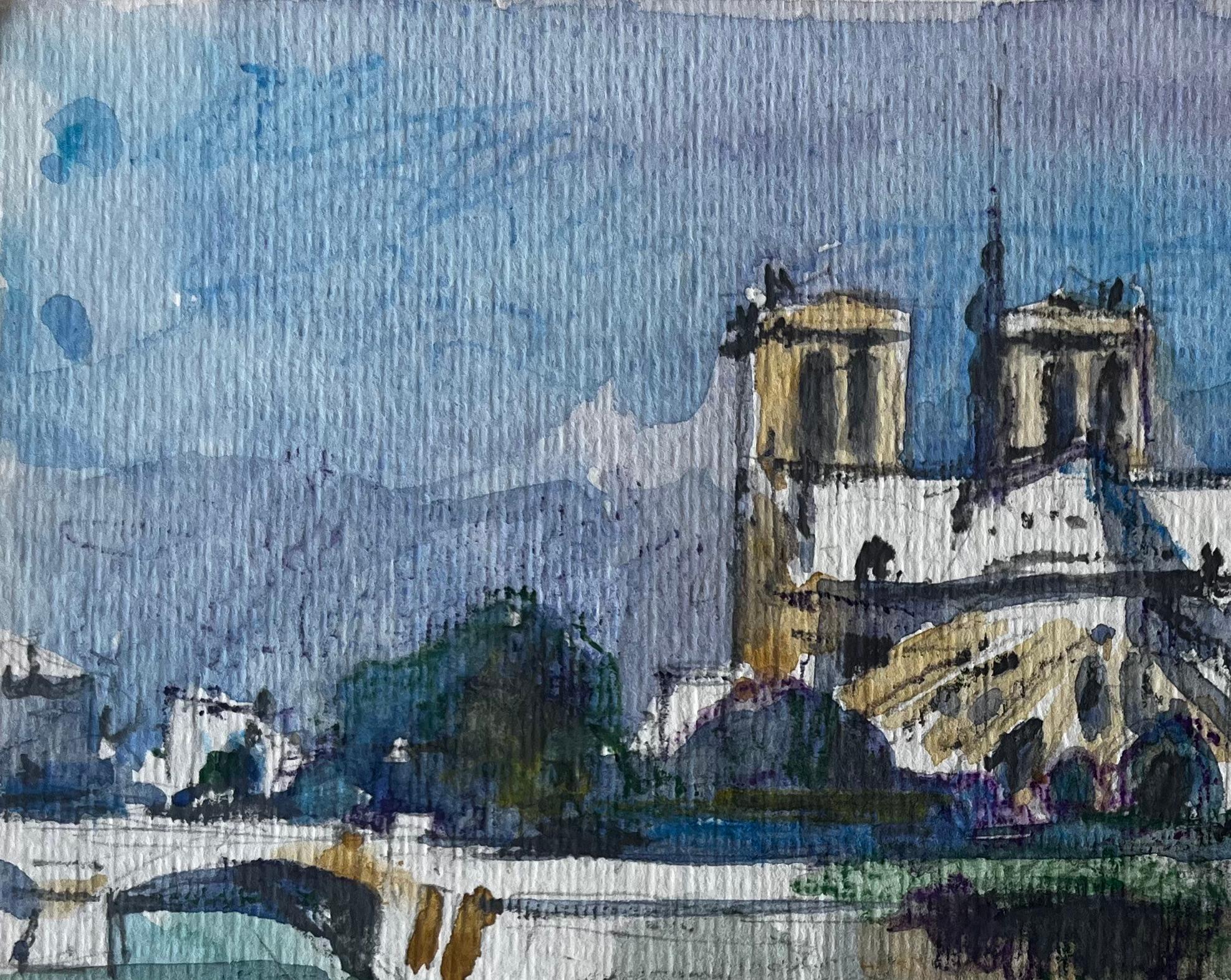 Cattedrale di Notre Dame Parigi Fiume Senna Acquerello francese Paesaggio urbano - Landscape Painting Grigio di Pierre Neveu
