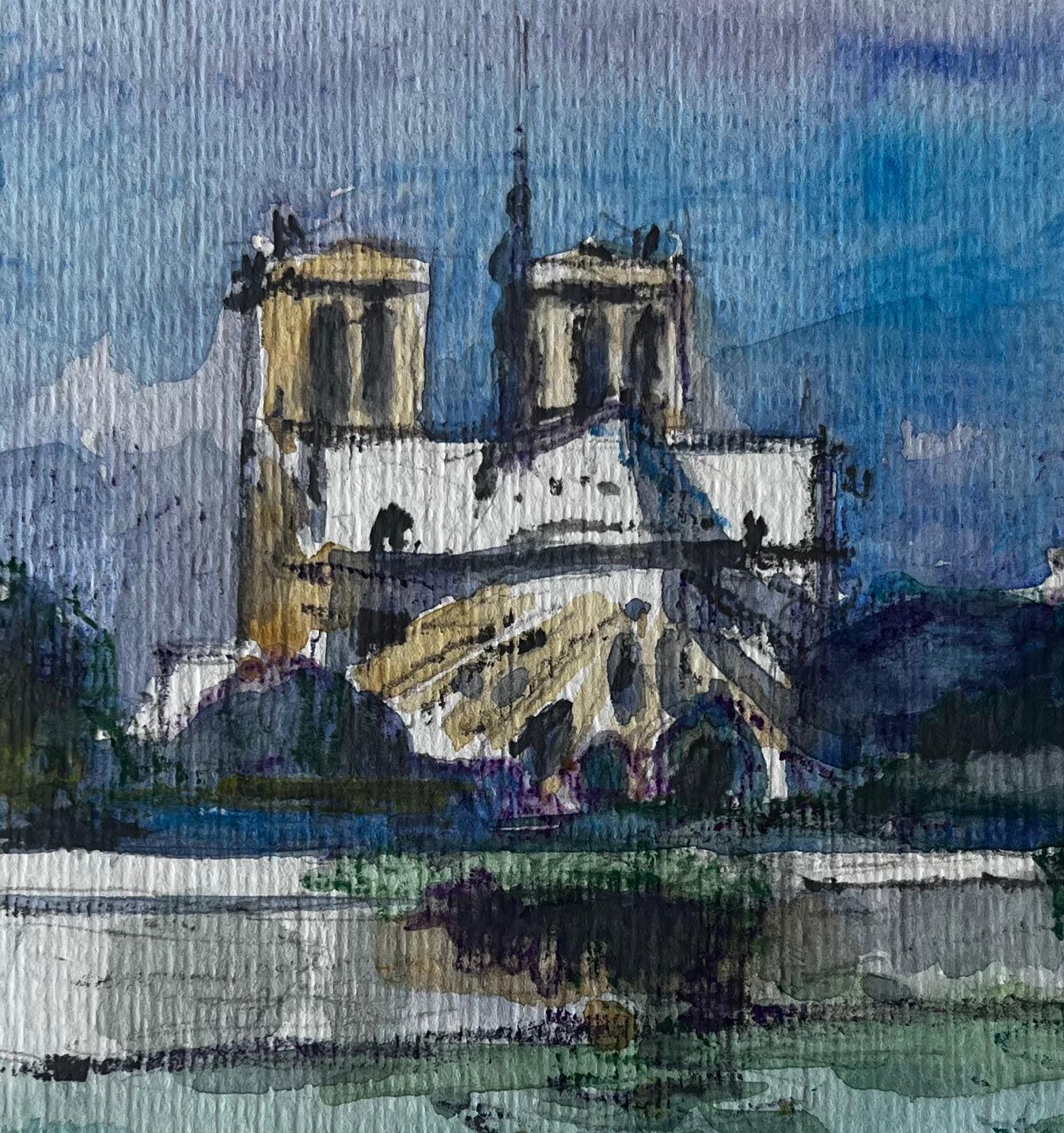 Cattedrale di Notre Dame Parigi Fiume Senna Acquerello francese Paesaggio urbano in vendita 2