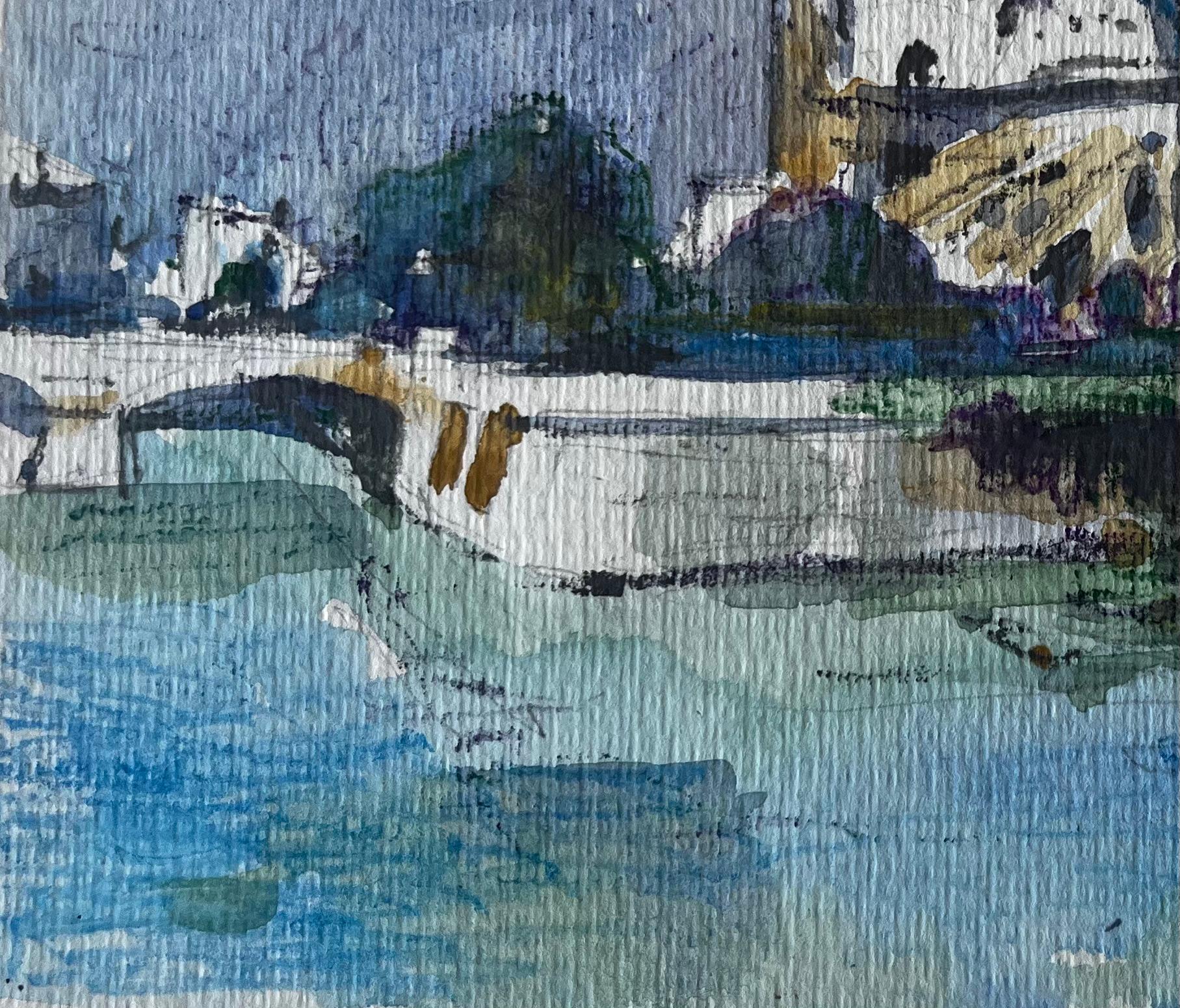 Cattedrale di Notre Dame Parigi Fiume Senna Acquerello francese Paesaggio urbano in vendita 1