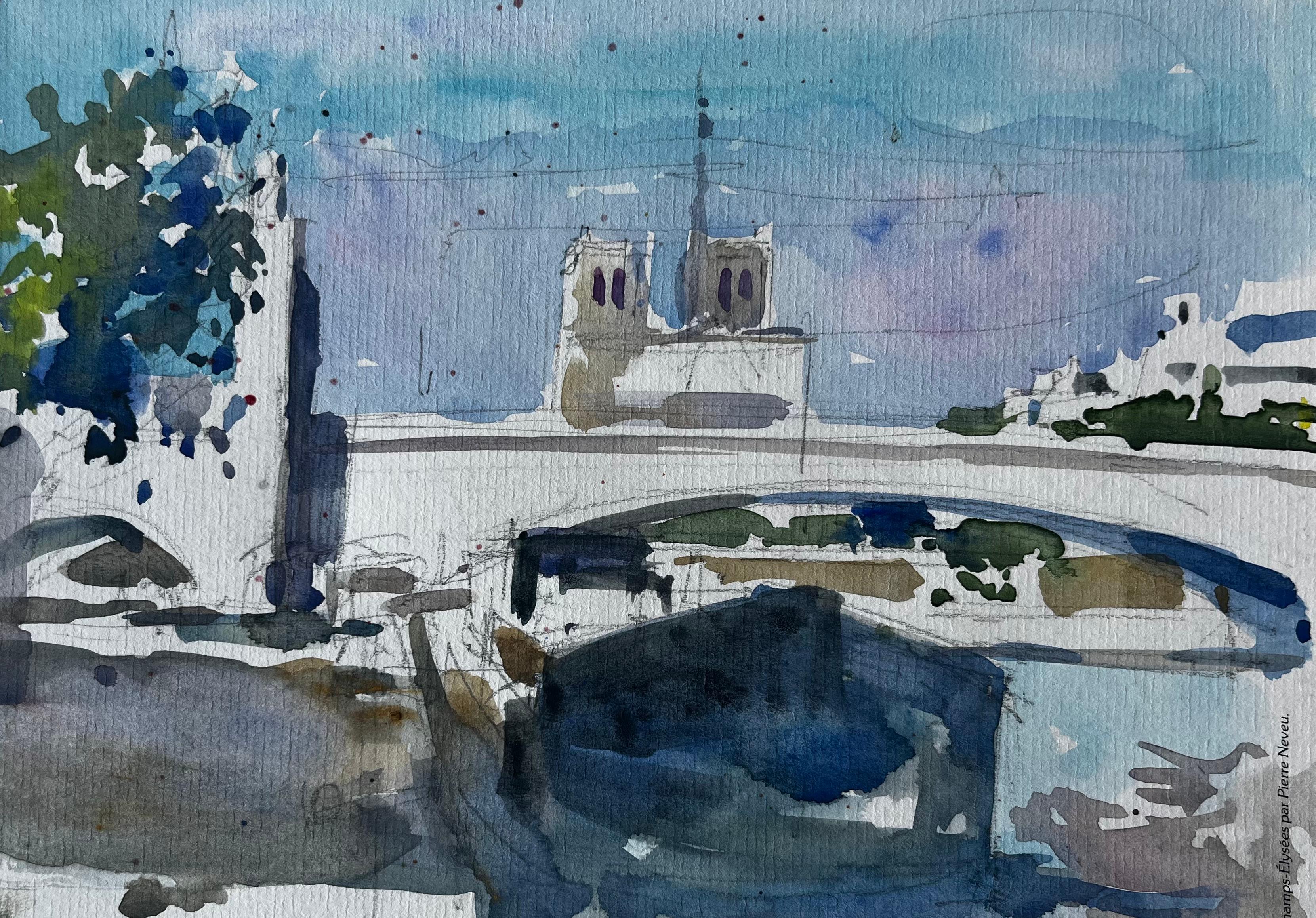 Cattedrale di Notre Dame Parigi Ponte della Senna Acquerello francese di Pierre Neveu