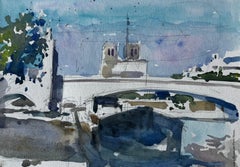 Cattedrale di Notre Dame Parigi Ponte della Senna Acquerello francese di Pierre Neveu