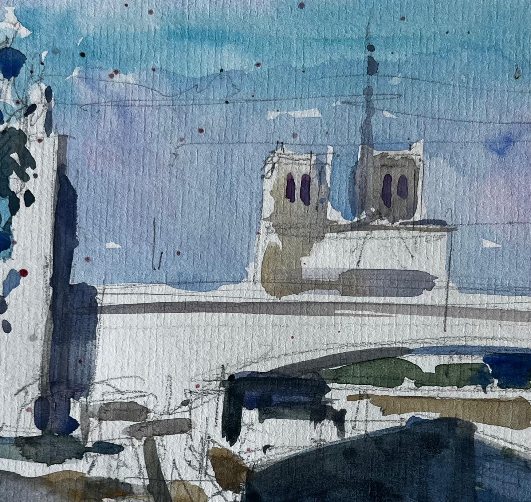 Cattedrale di Notre Dame Parigi Ponte della Senna Acquerello francese di Pierre Neveu in vendita 5