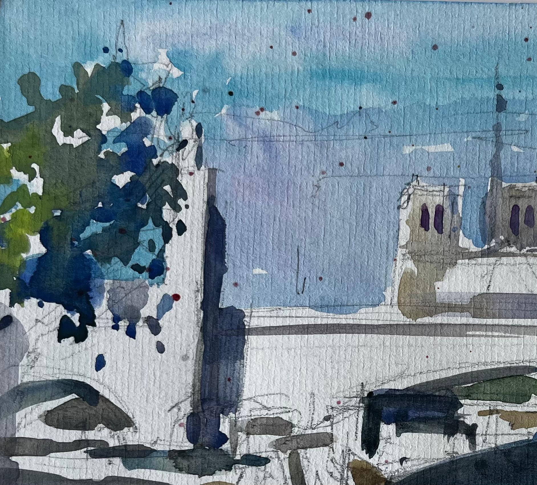 Cattedrale di Notre Dame Parigi Ponte della Senna Acquerello francese di Pierre Neveu in vendita 3