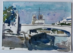 Notre Dame Cathedral Paris River Seine Bridge French Watercolour by Pierre Neveu
