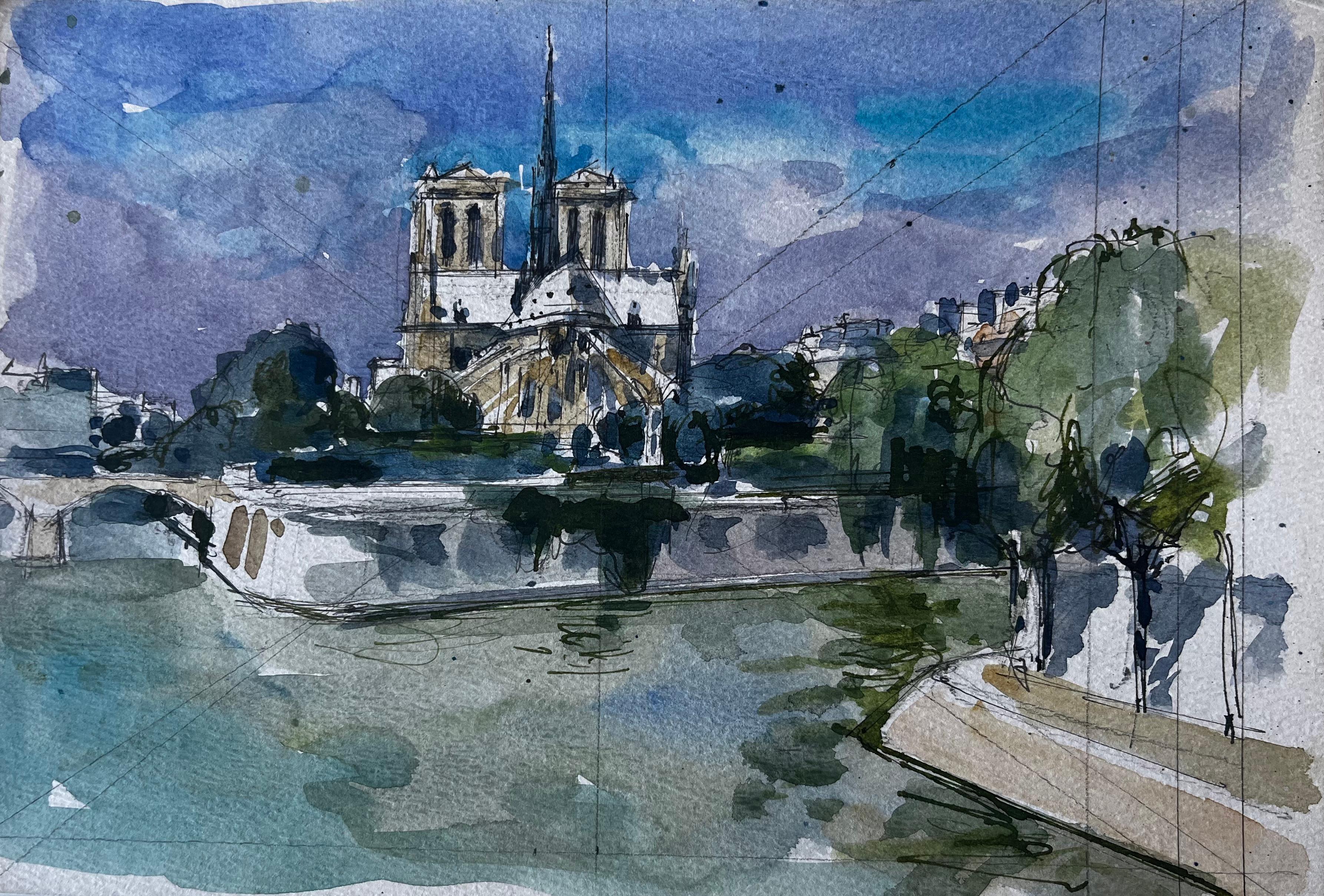 Cathédrale Notre Dame Paris Rivière Seine Aquarelle française Paysage urbain