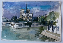 Notre Dame Cathedral Paris River Seine French Watercolour Cityscape