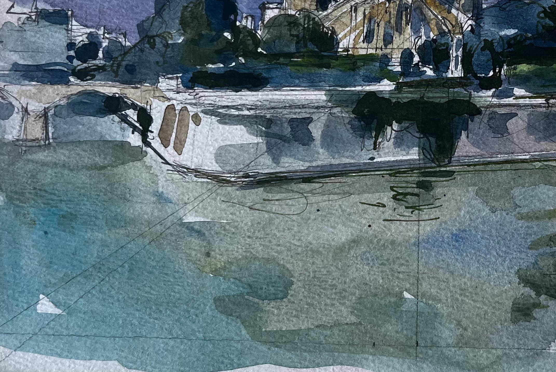 Cattedrale di Notre Dame Parigi Fiume Senna Acquerello francese Paesaggio urbano - Landscape Art Grigio di Pierre Neveu