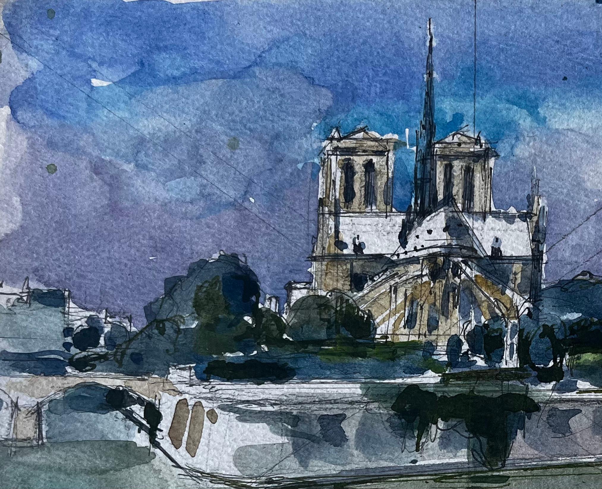 Cattedrale di Notre Dame Parigi Fiume Senna Acquerello francese Paesaggio urbano - Art Postimpressionismo di Pierre Neveu