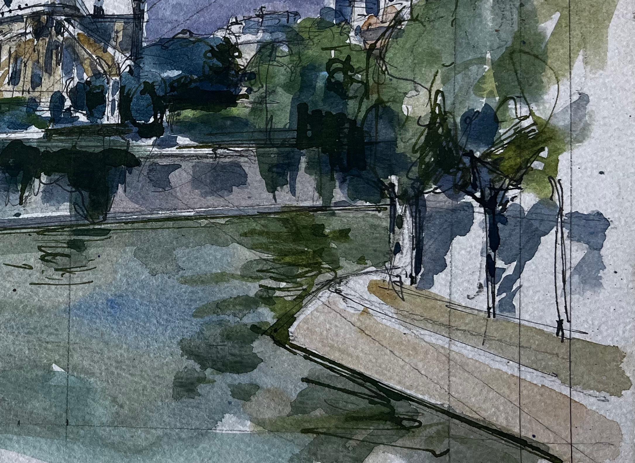 Cattedrale di Notre Dame Parigi Fiume Senna Acquerello francese Paesaggio urbano in vendita 1