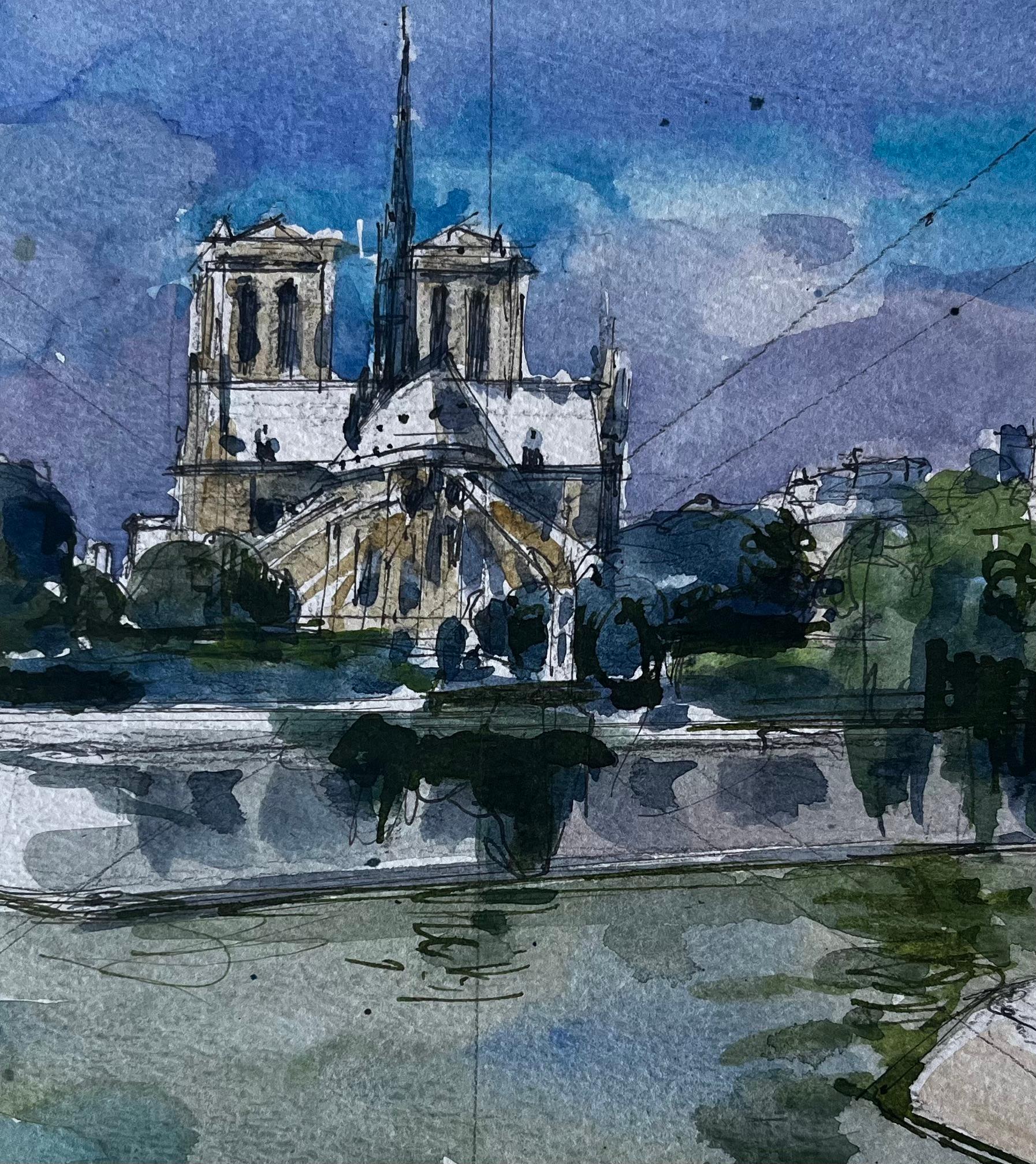 Cattedrale di Notre Dame Parigi Fiume Senna Acquerello francese Paesaggio urbano in vendita 2