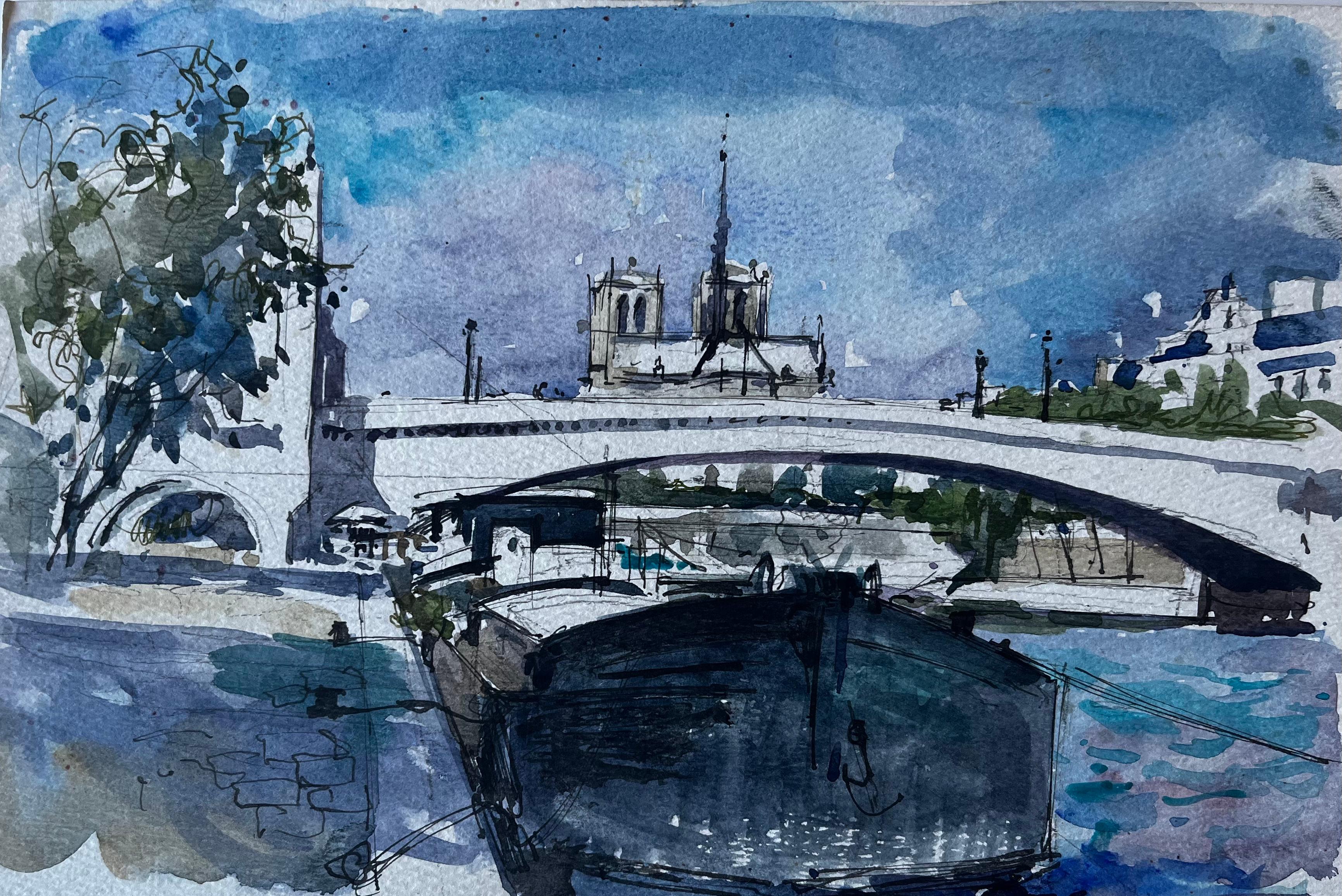 Titolo: Cattedrale di Notre Dame Parigi Fiume Senna Barche Acquerello francese di Pierre Neveu
Artista: Pierre Neveu (francese, nato nel 1929)
Medium: Acquerello e inchiostro su carta da artisti, senza cornice
Dimensioni (H. x L): 7,25 x 10,75